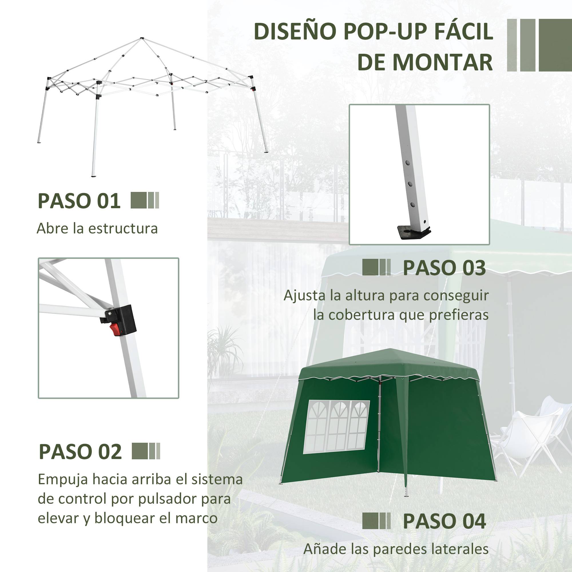 Gazebo pliant avec 2 parois latérales 2,89 x 2,89 m, pavillon de jardin, hauteur réglable, protection UV50+, vert - Image 7