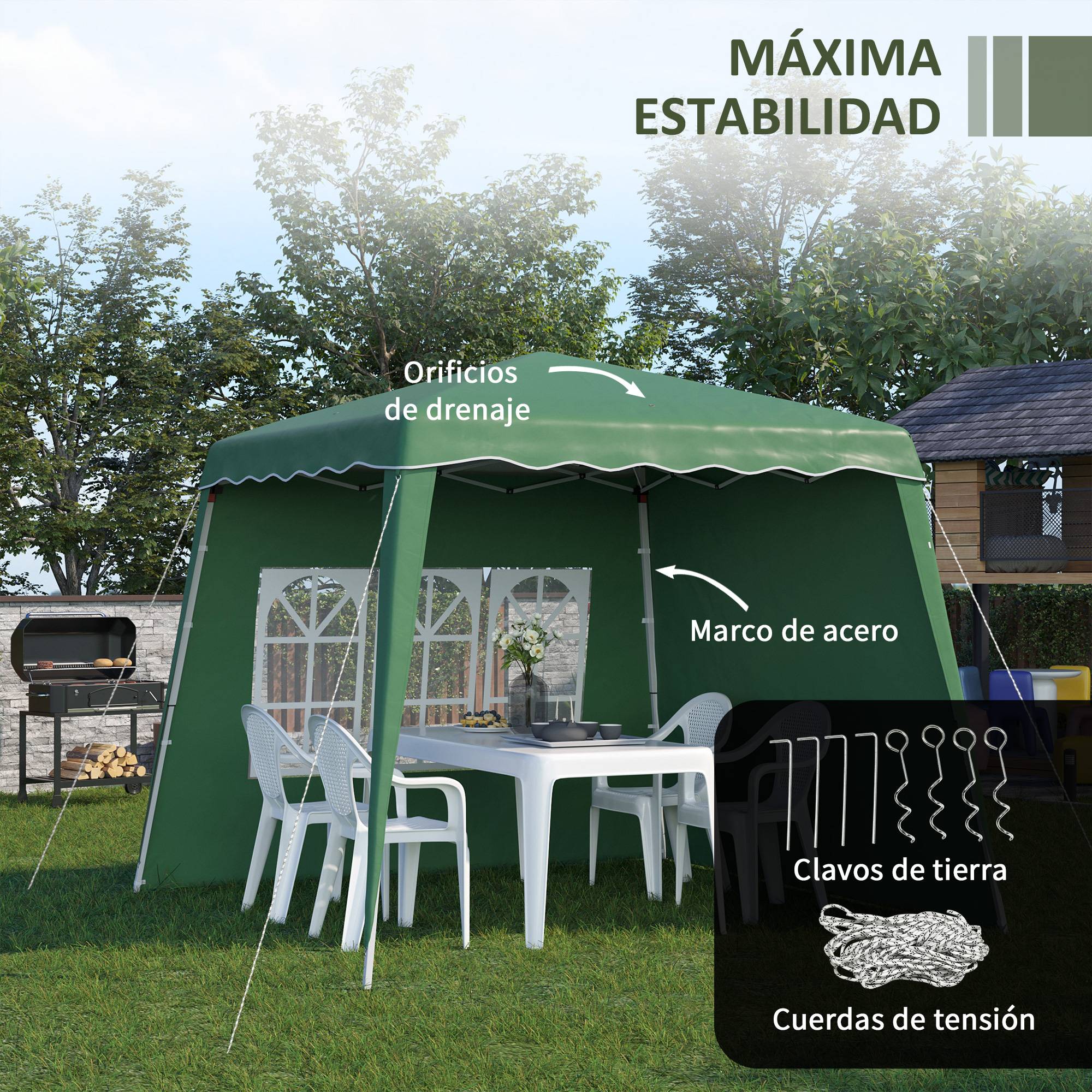 Gazebo pliant avec 2 parois latérales 2,89 x 2,89 m, pavillon de jardin, hauteur réglable, protection UV50+, vert - Image 9