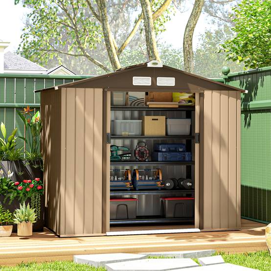 Abri de jardin extérieur 2,42 m² (213 x 130 x 185 cm) avec porte coulissante, ventilation, gants, jaune - Image 4