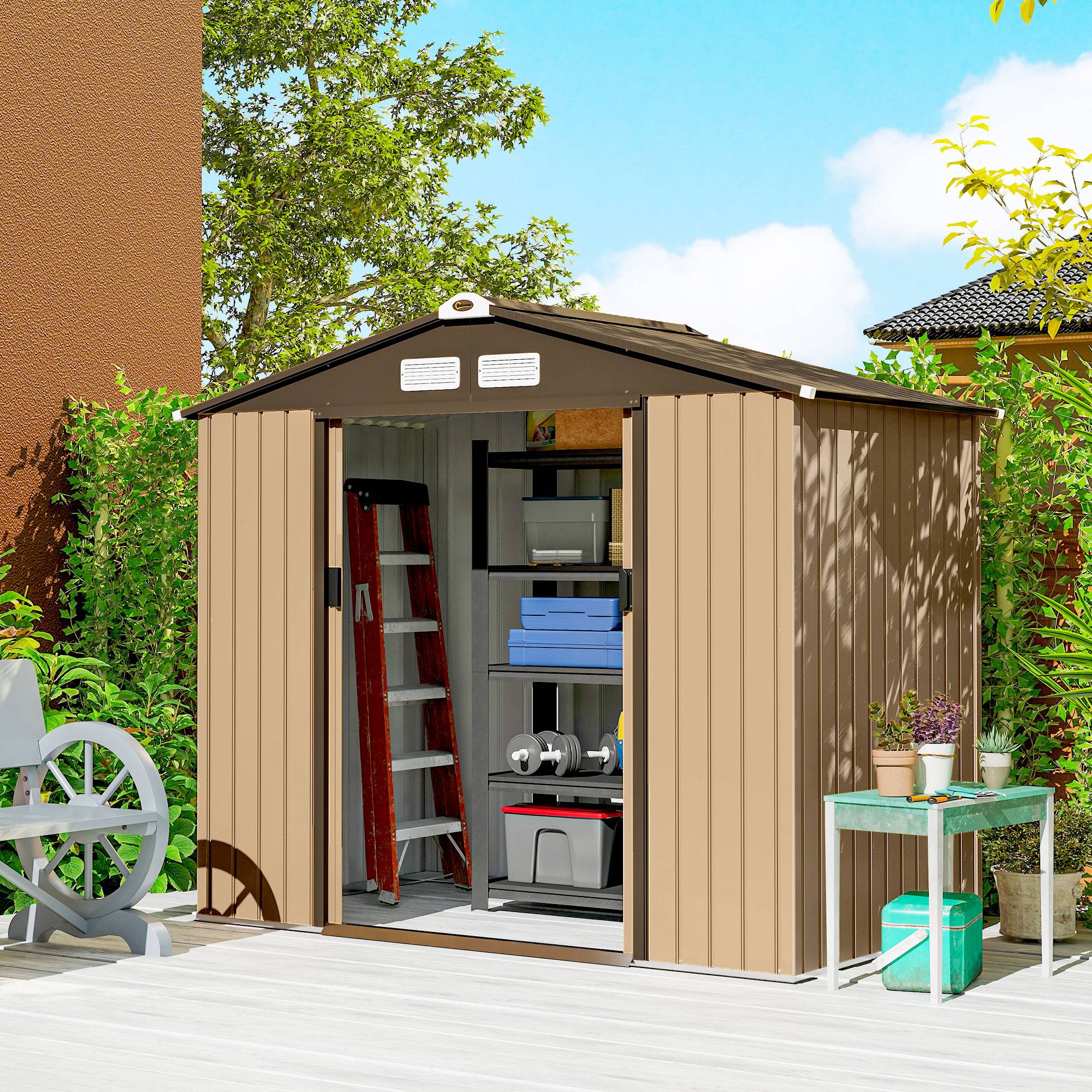 Abri de jardin extérieur 2,42 m² (213 x 130 x 185 cm) avec porte coulissante, ventilation, gants, jaune - Image 3