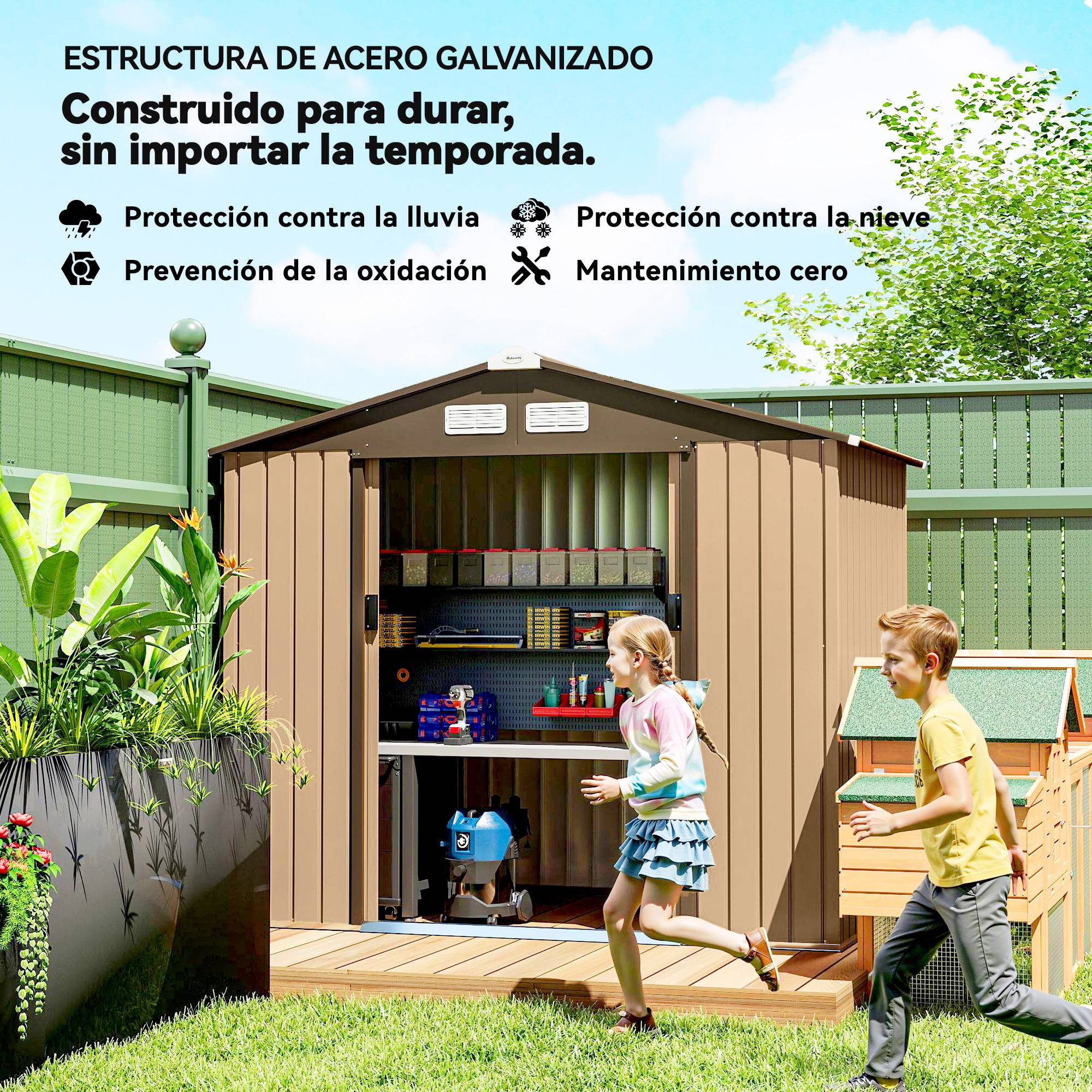 Abri de jardin extérieur 2,42 m² (213 x 130 x 185 cm) avec porte coulissante, ventilation, gants, jaune - Image 6