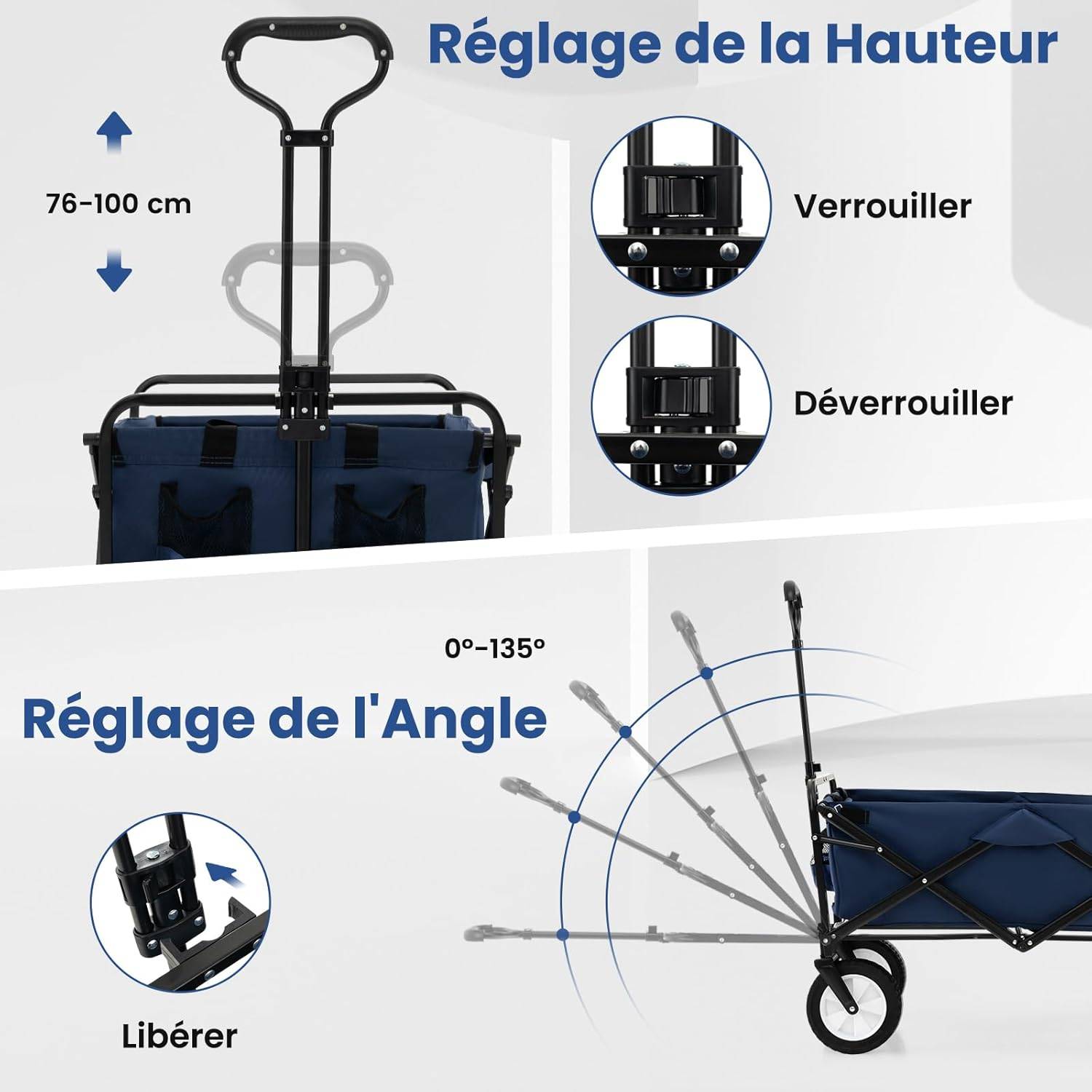 LifeGoods Chariot de plage – Chariot pliant avec roues – Grand chariot de plage – Roues pivotantes – 2 supports – Capacité de charge de 70 kg – Gris