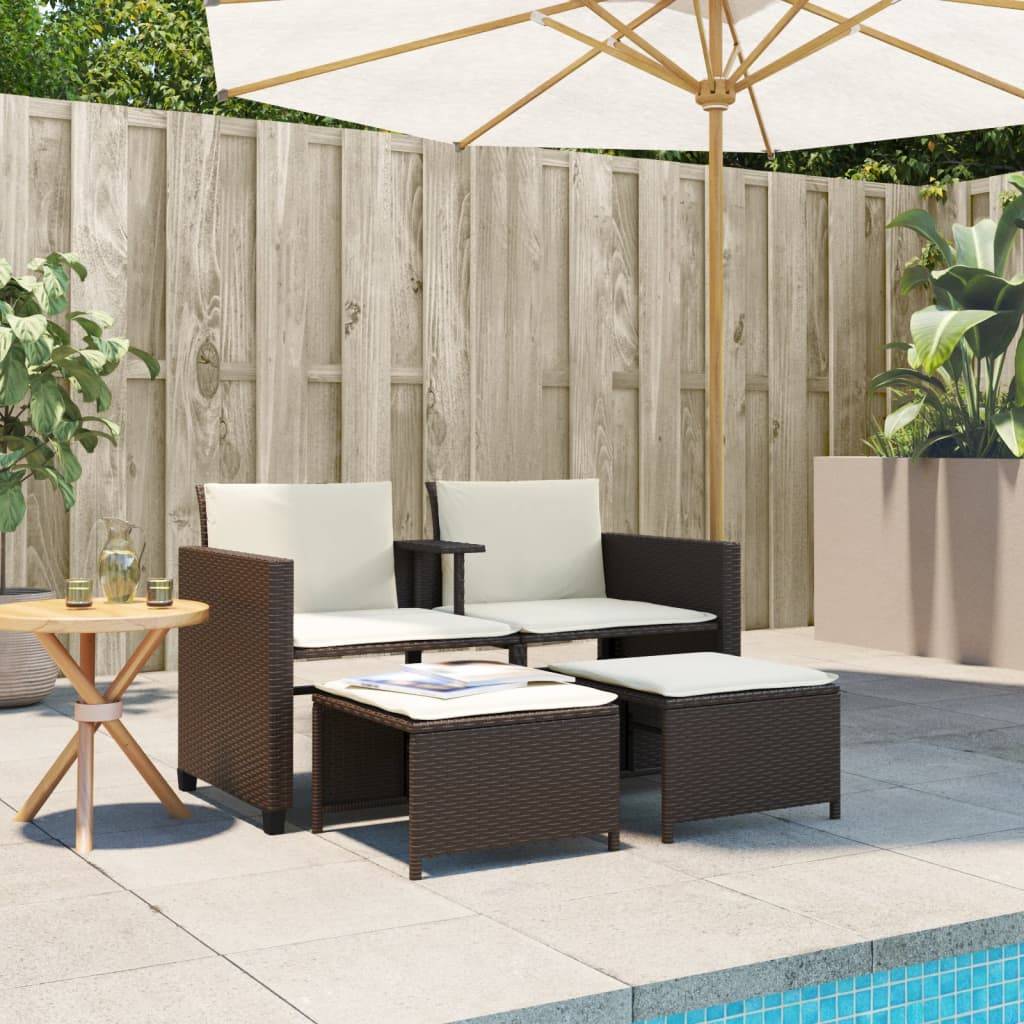 Vidaxl - Canapé de jardin 2 places avec table et tabourets-Salon de jardin marron rotin - Image 3