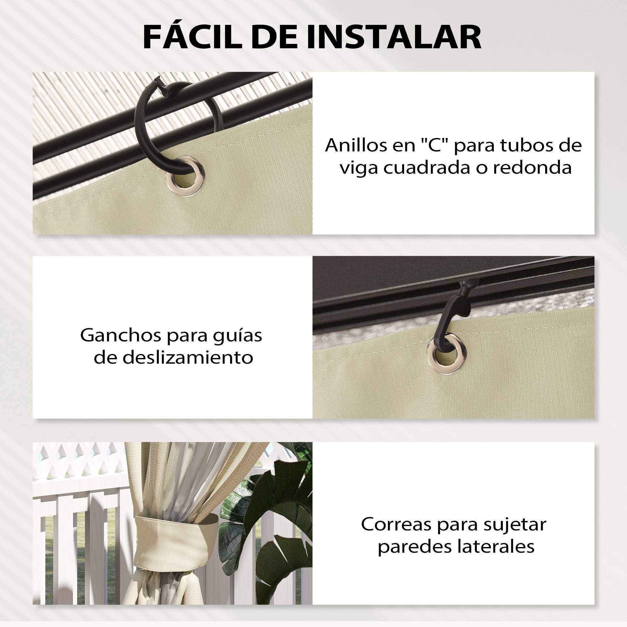 Parois latérales rechange pergola 3x3 m anti-UV fenêtres transparentes rideaux réglables, crème - Image 8