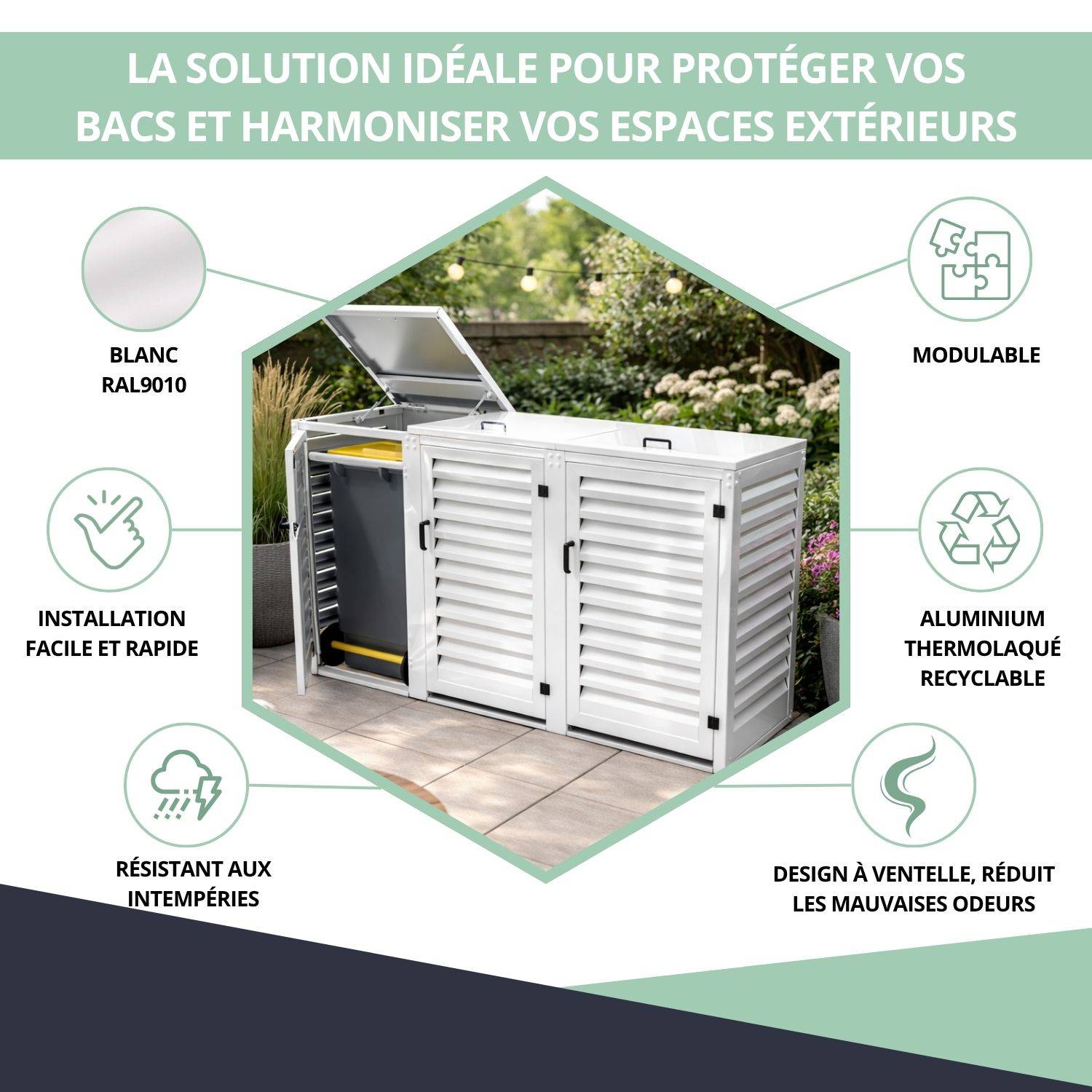 Cache Poubelle Extérieur Triple en Aluminium thermolaqué - Abri pour 3 conteneurs 240 Litres – Blanc RAL 9010 - Image 2