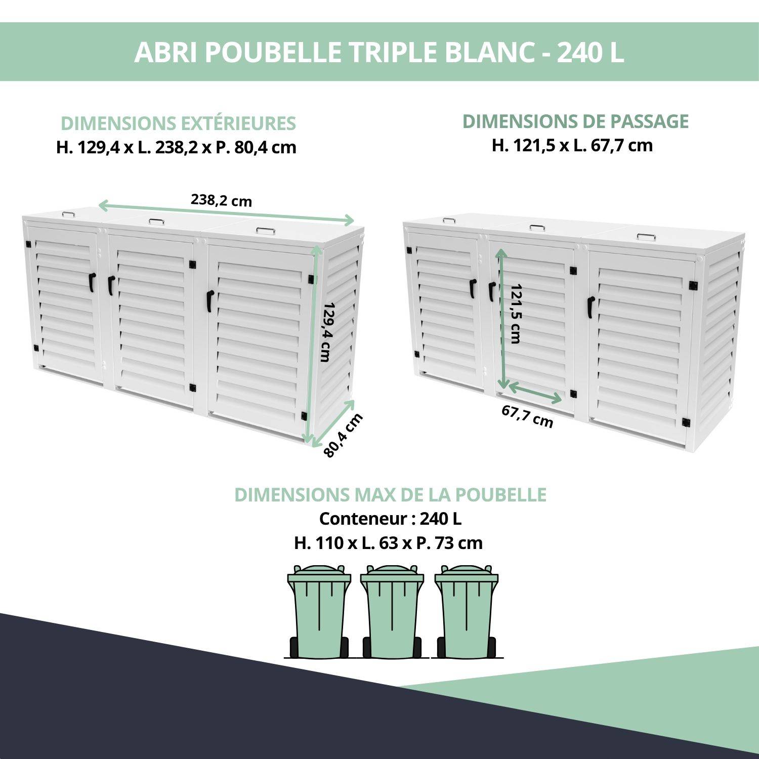 Cache Poubelle Extérieur Triple en Aluminium thermolaqué - Abri pour 3 conteneurs 240 Litres – Blanc RAL 9010 - Image 3