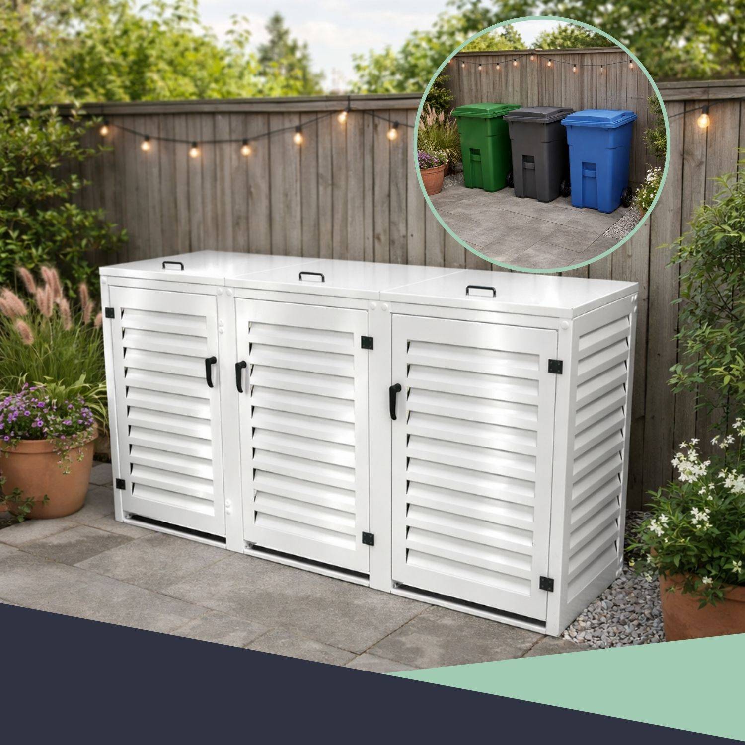 Cache Poubelle Extérieur Triple en Aluminium thermolaqué - Abri pour 3 conteneurs 240 Litres – Blanc RAL 9010 - Image 8