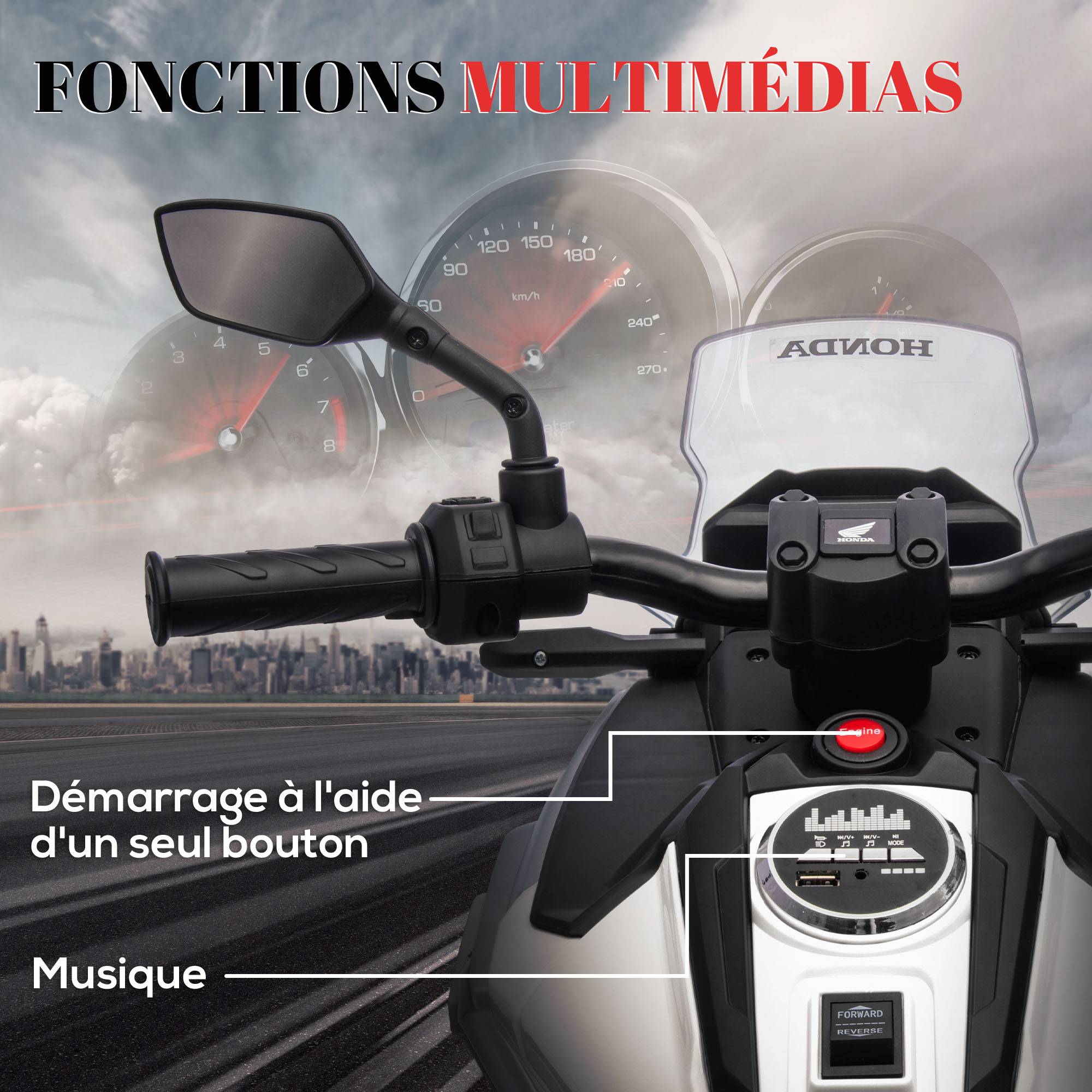 Moto électrique pour enfants moto porteur Honda pour enfants 3 à 6 ans avec musique, phares blanc - Image 6
