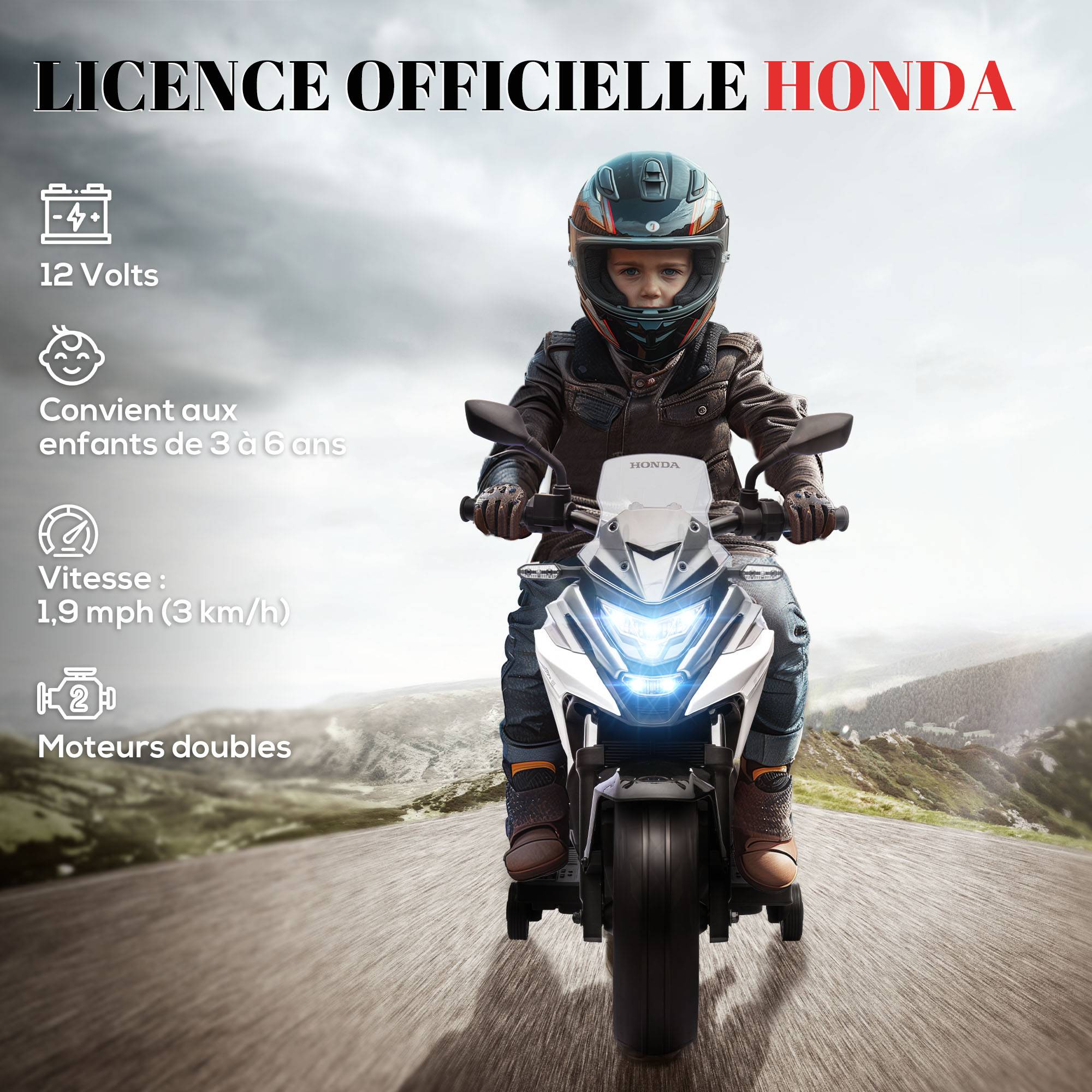 Moto électrique pour enfants moto porteur Honda pour enfants 3 à 6 ans avec musique, phares blanc - Image 5