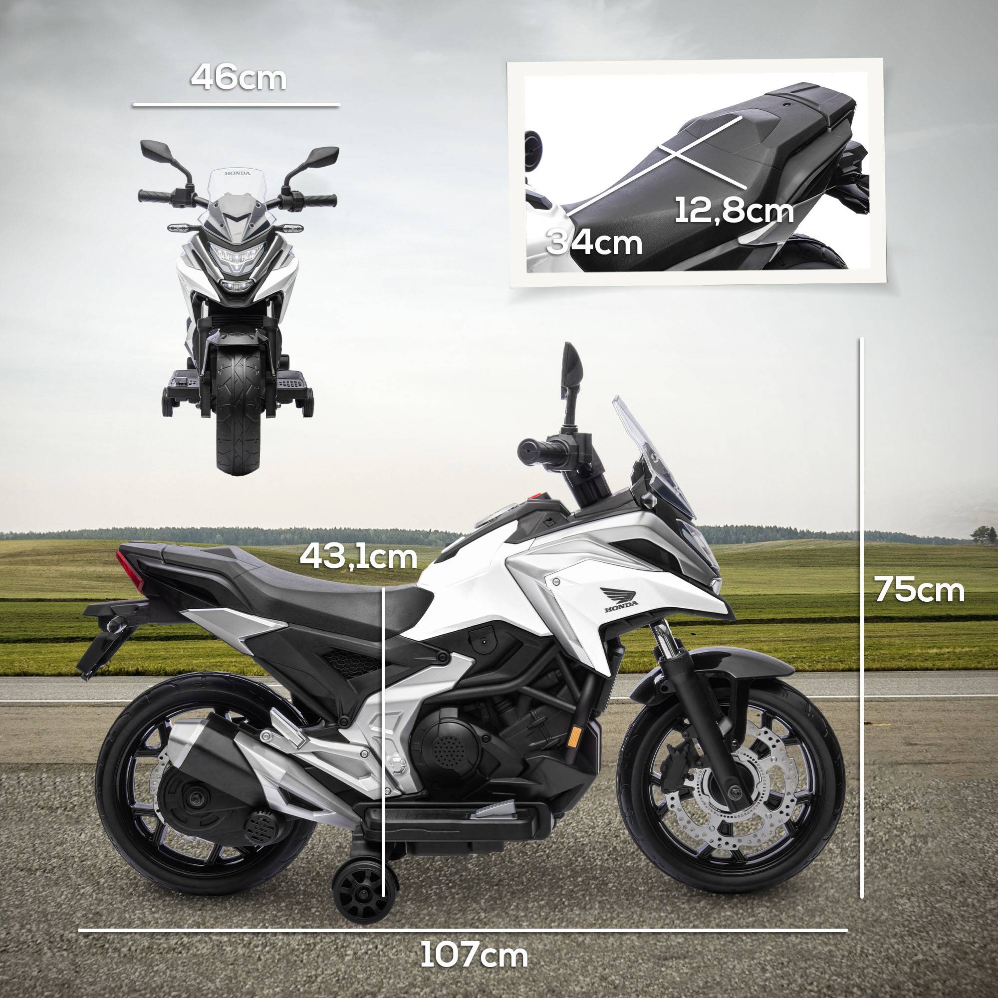 Moto électrique pour enfants moto porteur Honda pour enfants 3 à 6 ans avec musique, phares blanc - Image 4