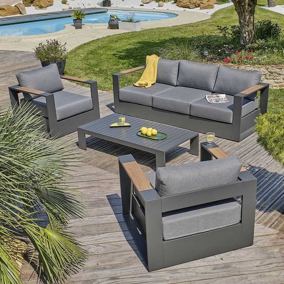 Salon de jardin 5 places en aluminium et accoudoirs en HPL - Gris anthracite - MANDELIEU - Image 7