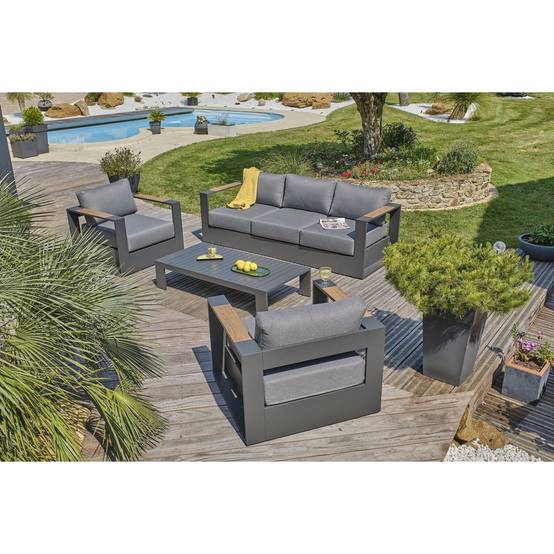 Salon de jardin 5 places en aluminium et accoudoirs en HPL - Gris anthracite - MANDELIEU - Image 8
