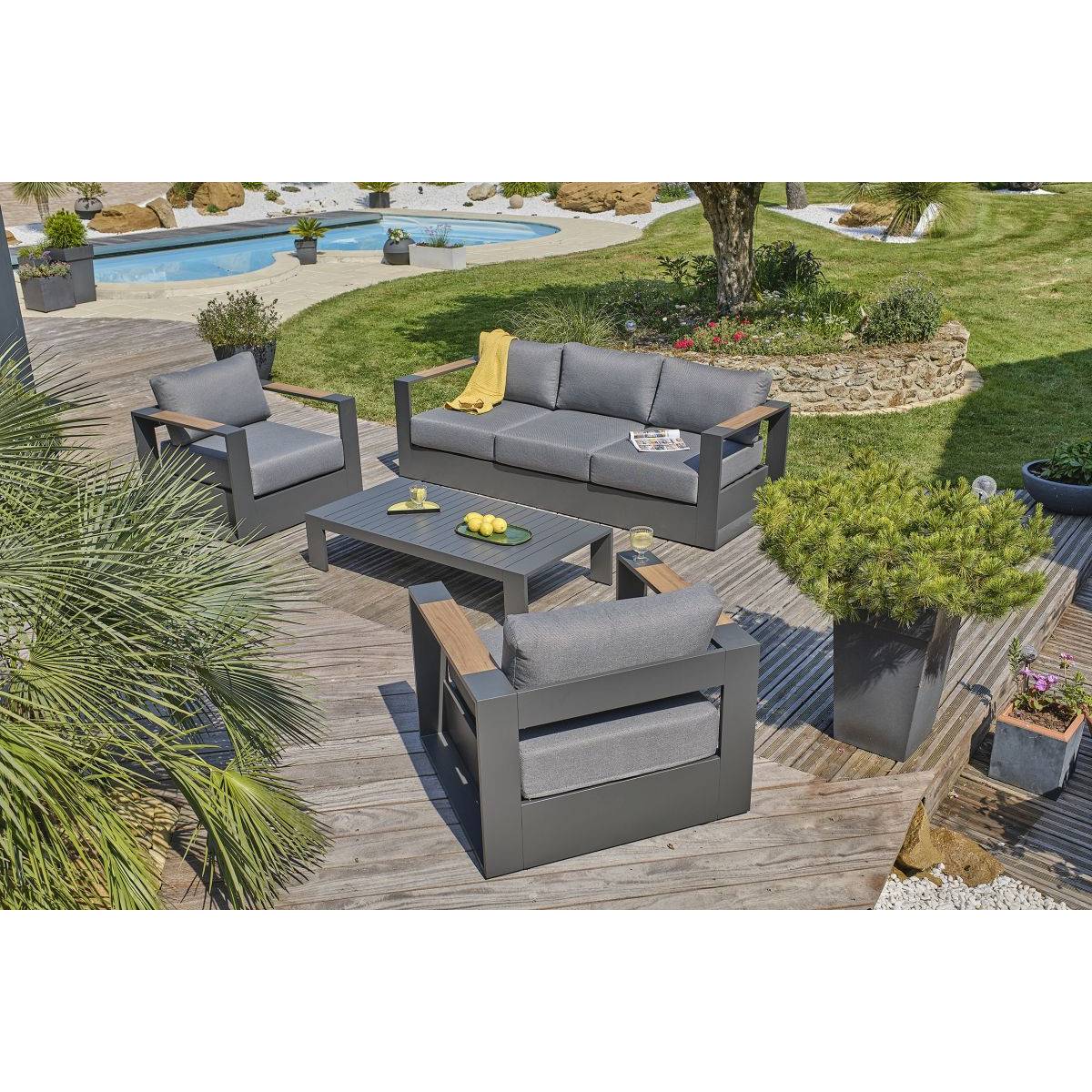 Salon de jardin 5 places en aluminium et accoudoirs en HPL - Gris anthracite - MANDELIEU - Image 8