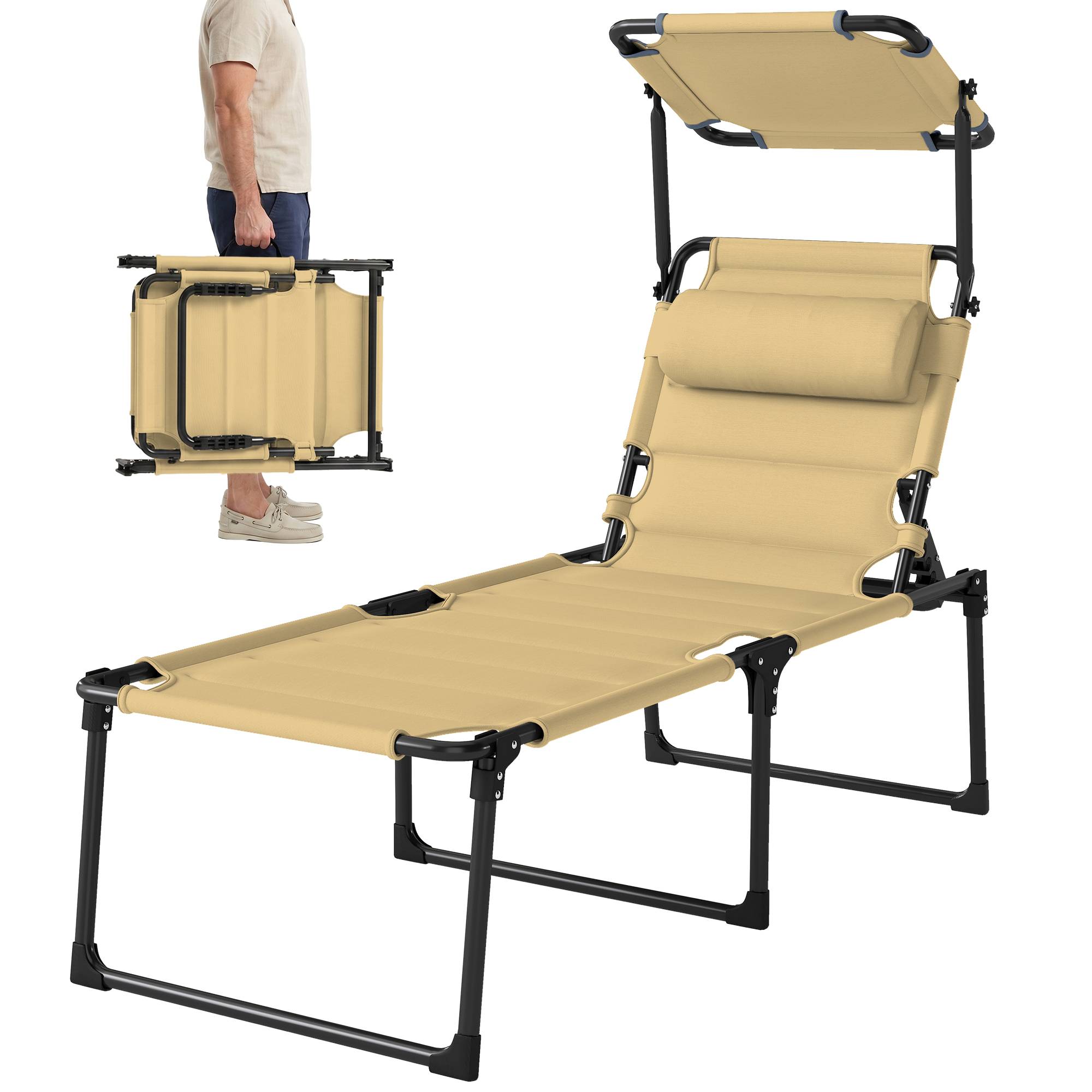 Chaise longue avec pare-soleil tissu oxford jardin terrasse inclinable crème - ComfortXL Outdoor Living - Image 2