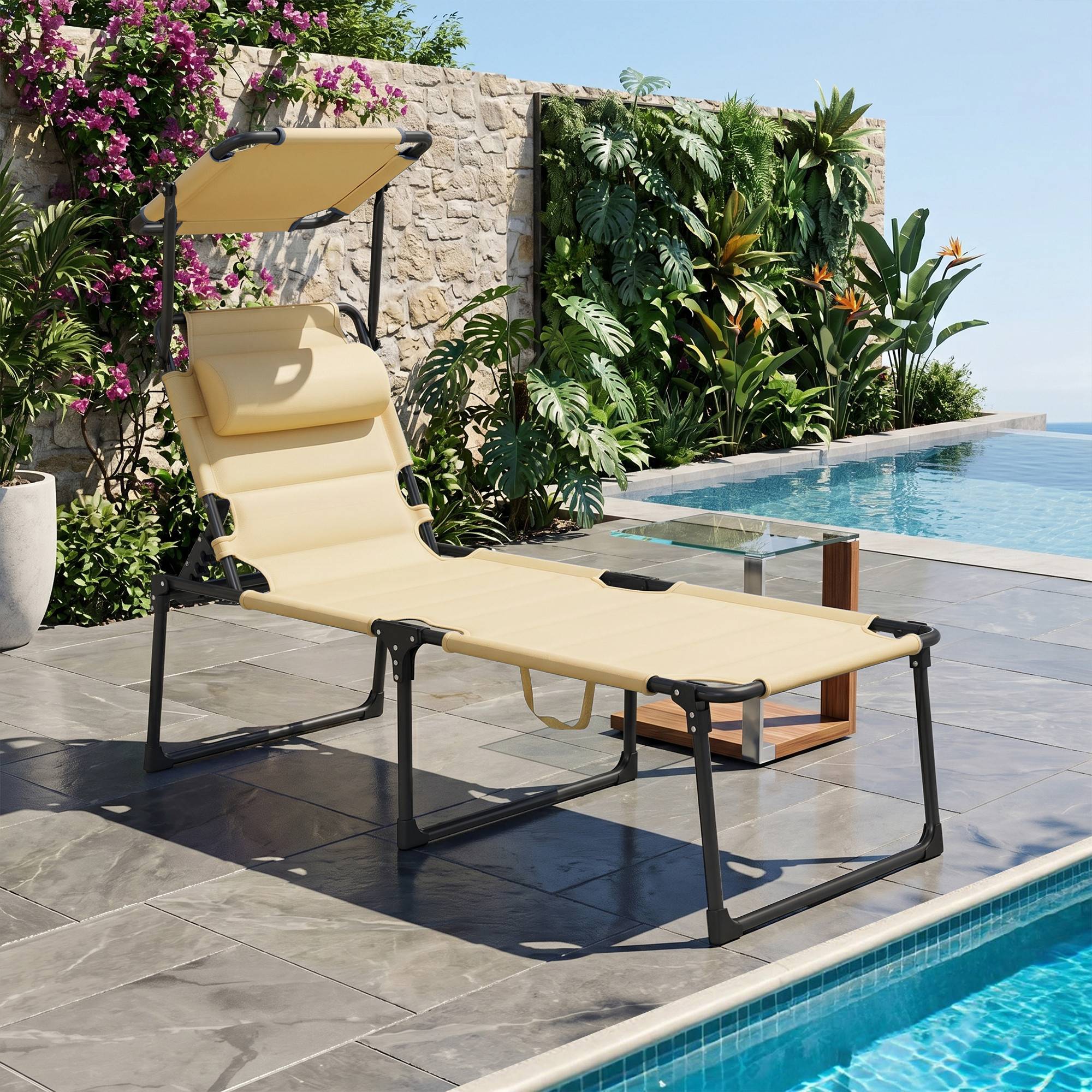 Chaise longue avec pare-soleil tissu oxford jardin terrasse inclinable crème - ComfortXL Outdoor Living - Image 3