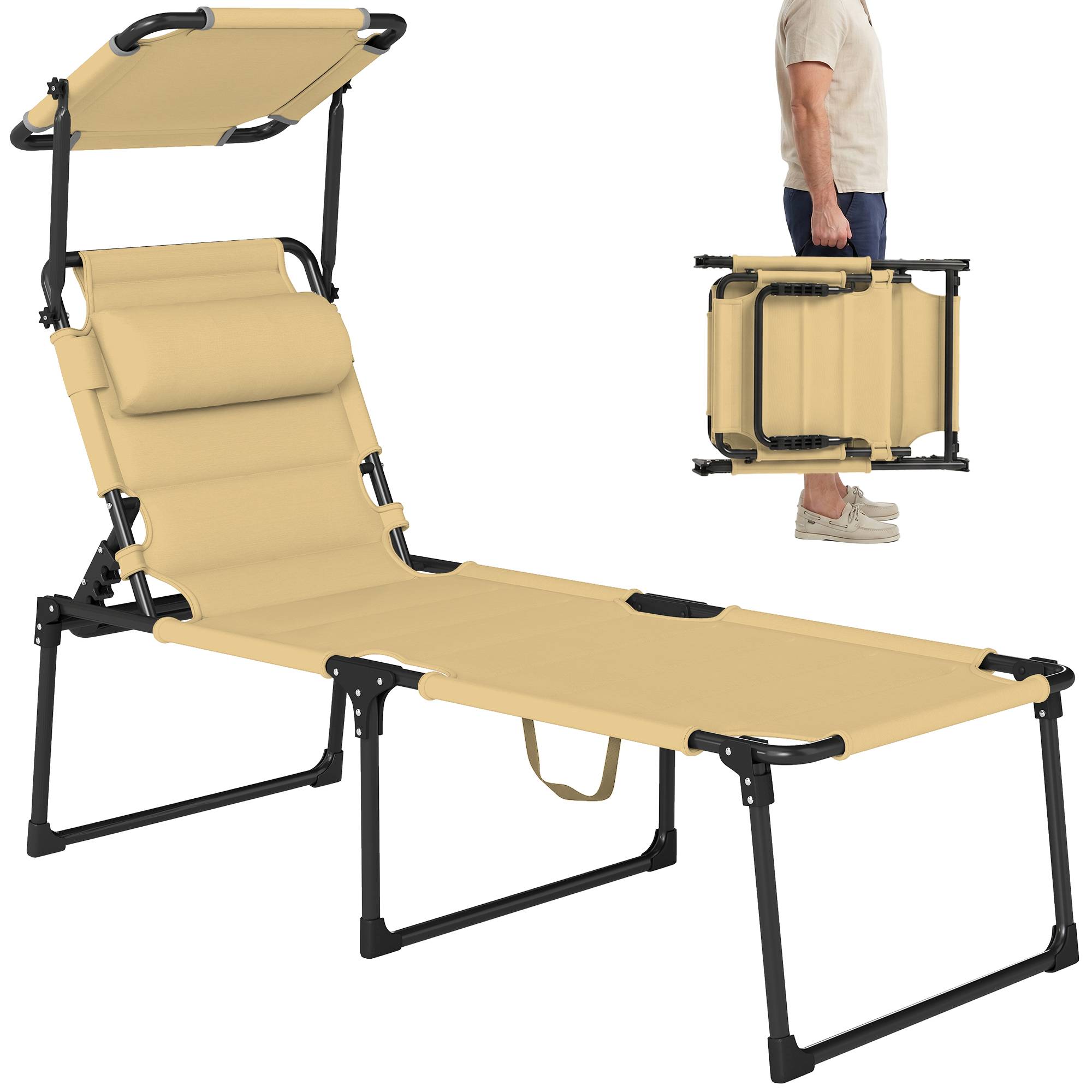 Chaise longue avec pare-soleil tissu oxford jardin terrasse inclinable crème - ComfortXL Outdoor Living - Image 1