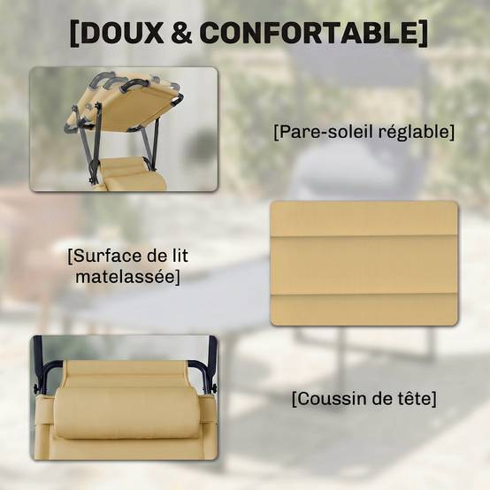 Chaise longue avec pare-soleil tissu oxford jardin terrasse inclinable crème - ComfortXL Outdoor Living - Image 8