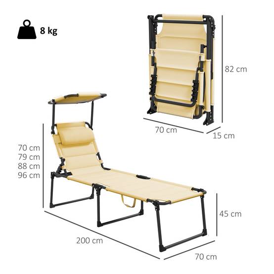Chaise longue avec pare-soleil tissu oxford jardin terrasse inclinable crème - ComfortXL Outdoor Living - Image 5