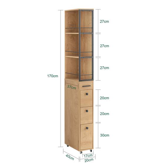 SoBuy Meuble de Rangement Étroit avec Roulettes, Chariot Compact Multi-Usage au Naturel - Image 2