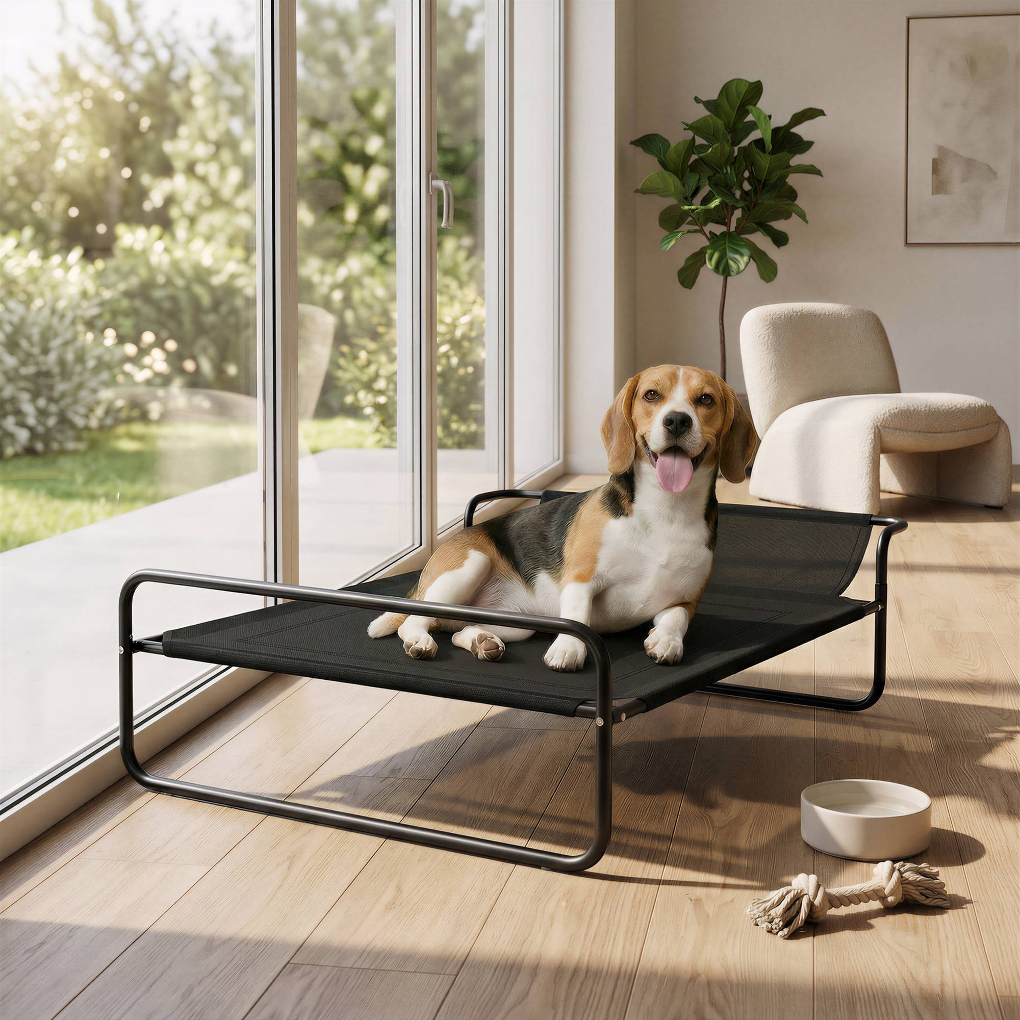 Lit pour chien, surélevé, filet, cadre acier, 29x91x69 cm, noir - Image 4