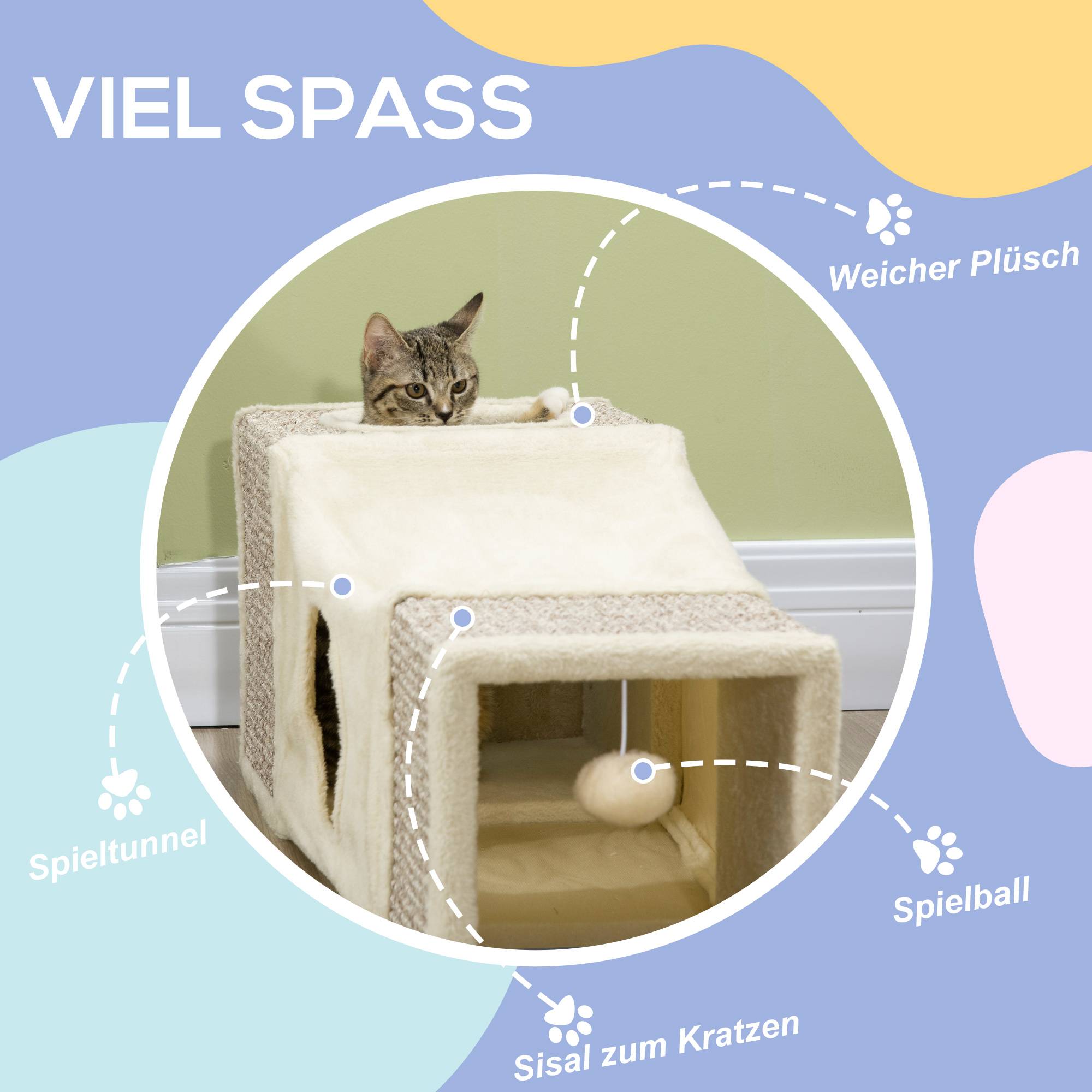Sans Marque - Tunnel chat 2 cachettes surfaces griffade jouet balle, 98x30x30cm, Brun+Beige - Image 7