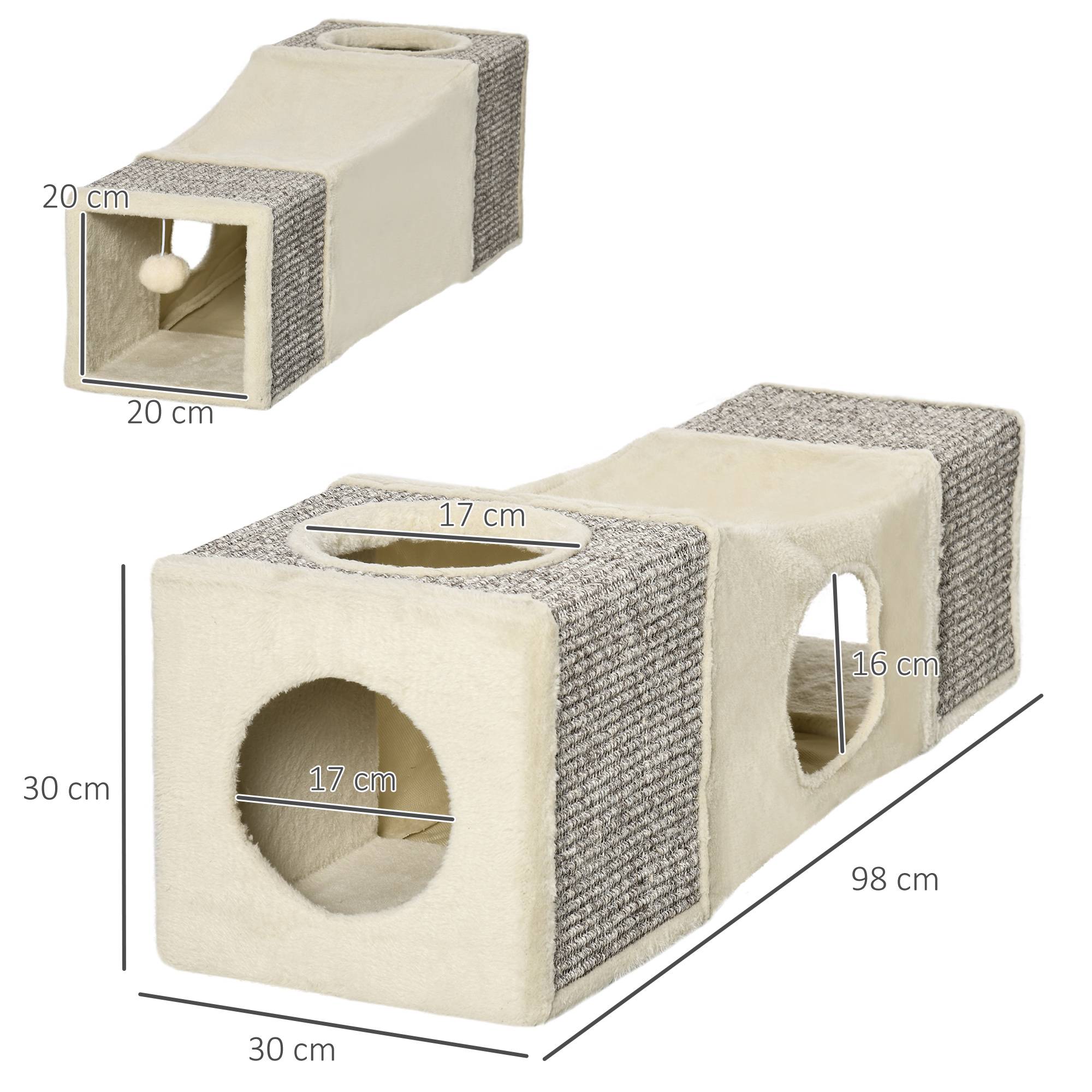 Sans Marque - Tunnel chat 2 cachettes surfaces griffade jouet balle, 98x30x30cm, Brun+Beige - Image 5