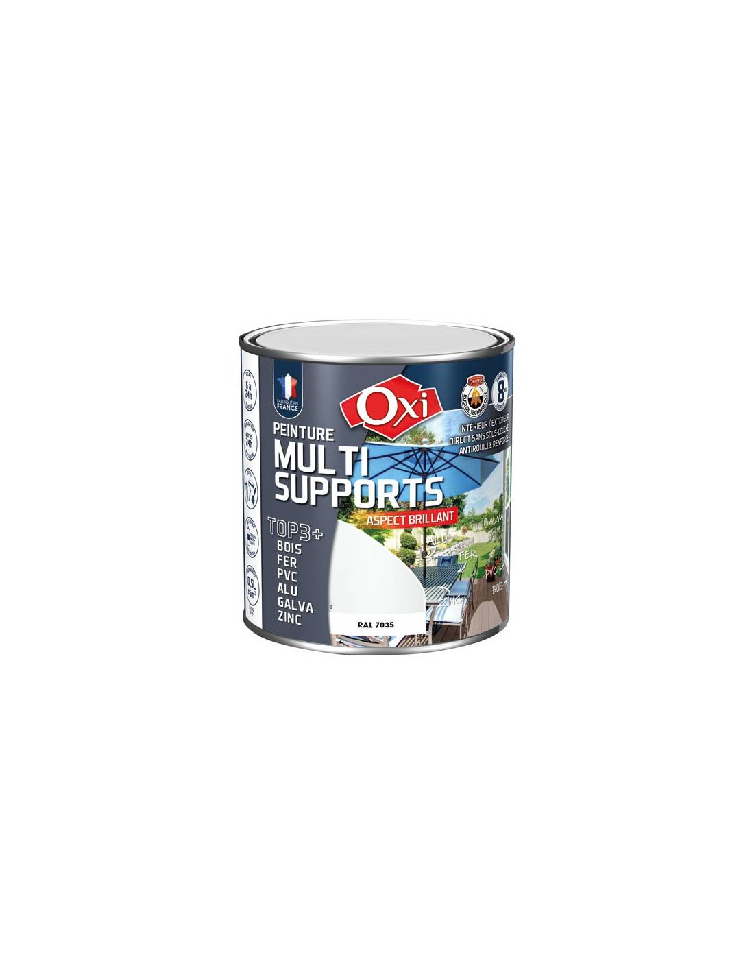 Oxi - Peinture Top 3 Bois Fer Pvc 500ml Gris Clair Brill. Ral7035 - Oxi