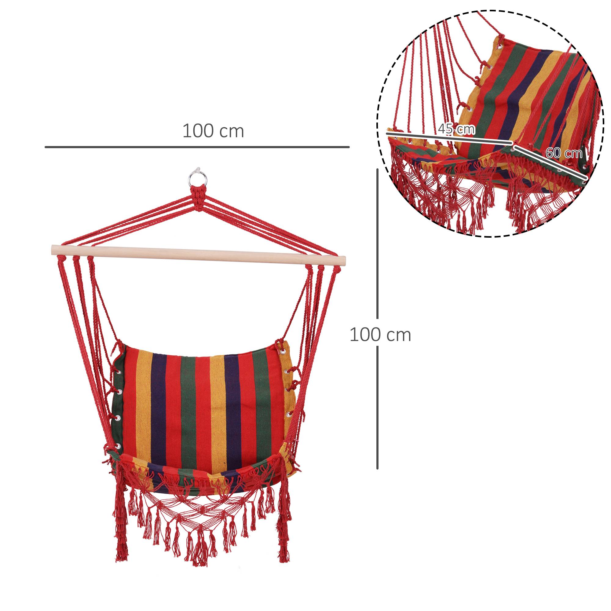 Fauteuil suspendu hamac, tissu coton-polyester, capacité de charge 100 kg, utilisation intérieure/extérieure, terrasse, 100 x 60 x 100 cm, multicolore - Image 5