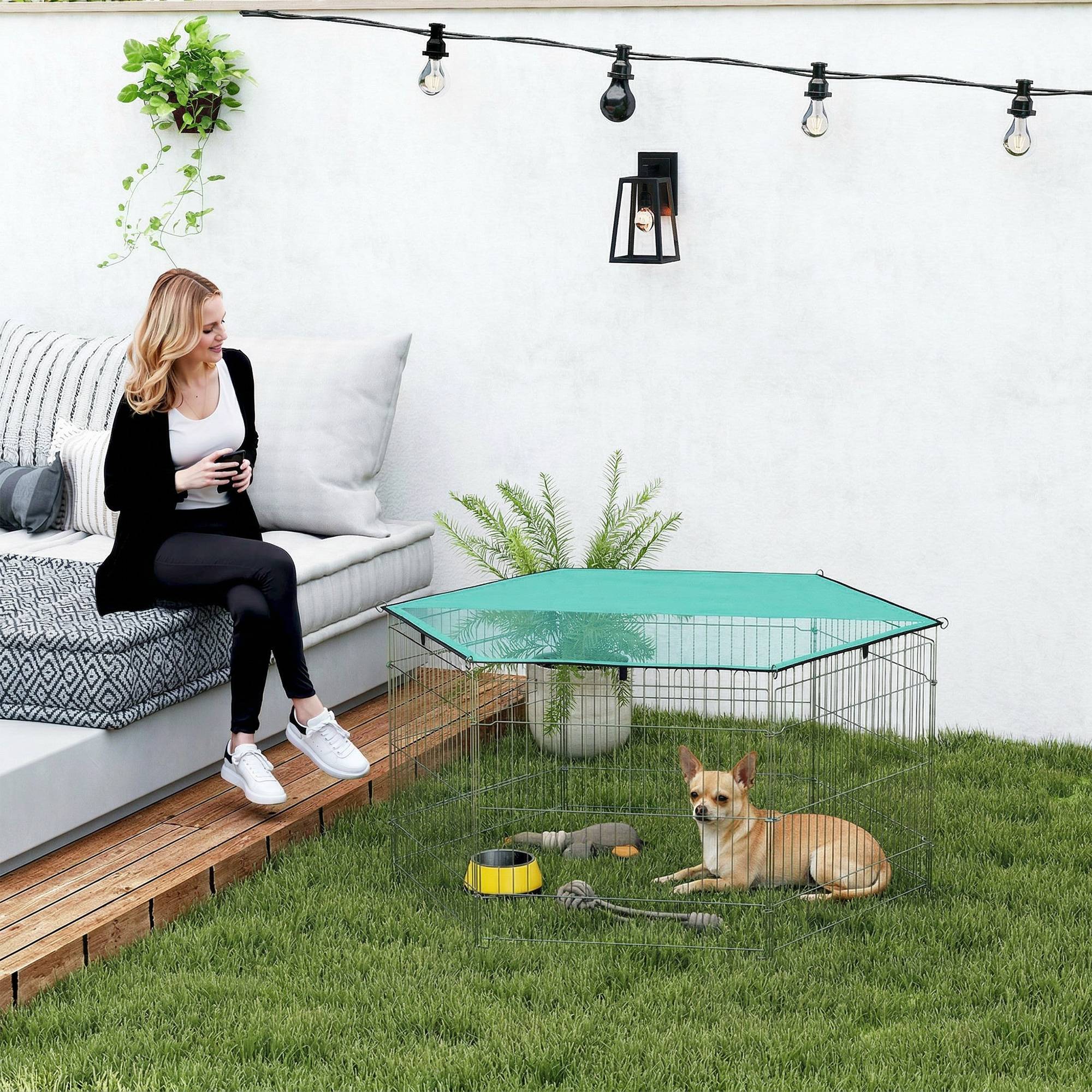 Parc enclos chien 6 panneaux avec toit, modulable et pliable, portable 60H cm avec porte, argent et vert - Image 3