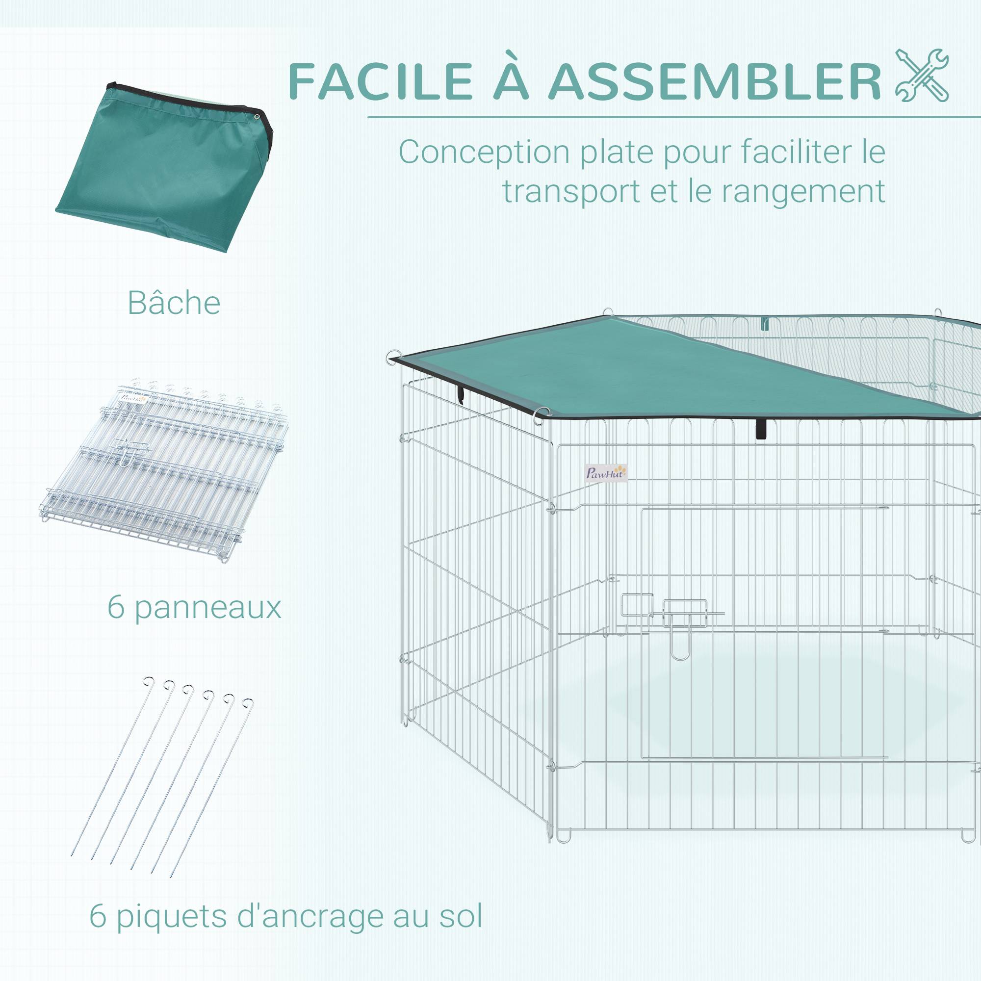 Parc enclos chien 6 panneaux avec toit, modulable et pliable, portable 60H cm avec porte, argent et vert - Image 7