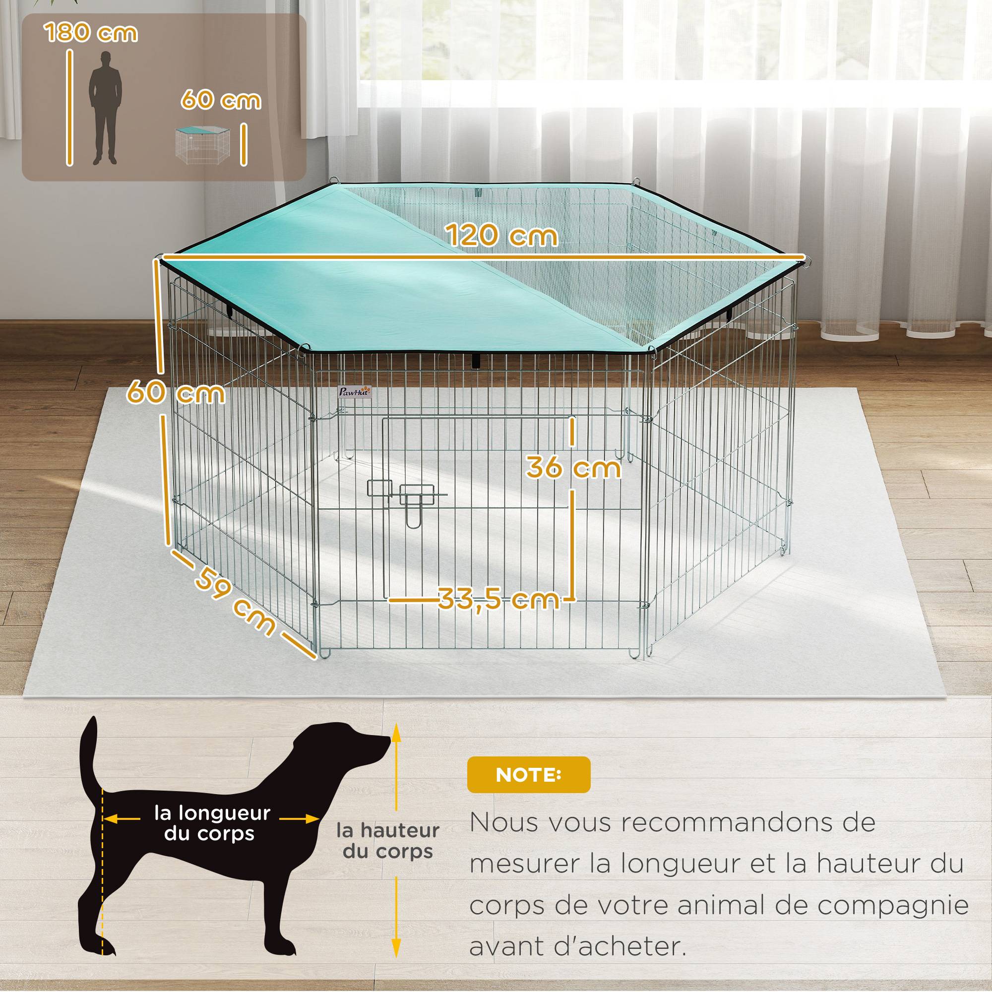 Parc enclos chien 6 panneaux avec toit, modulable et pliable, portable 60H cm avec porte, argent et vert - Image 5