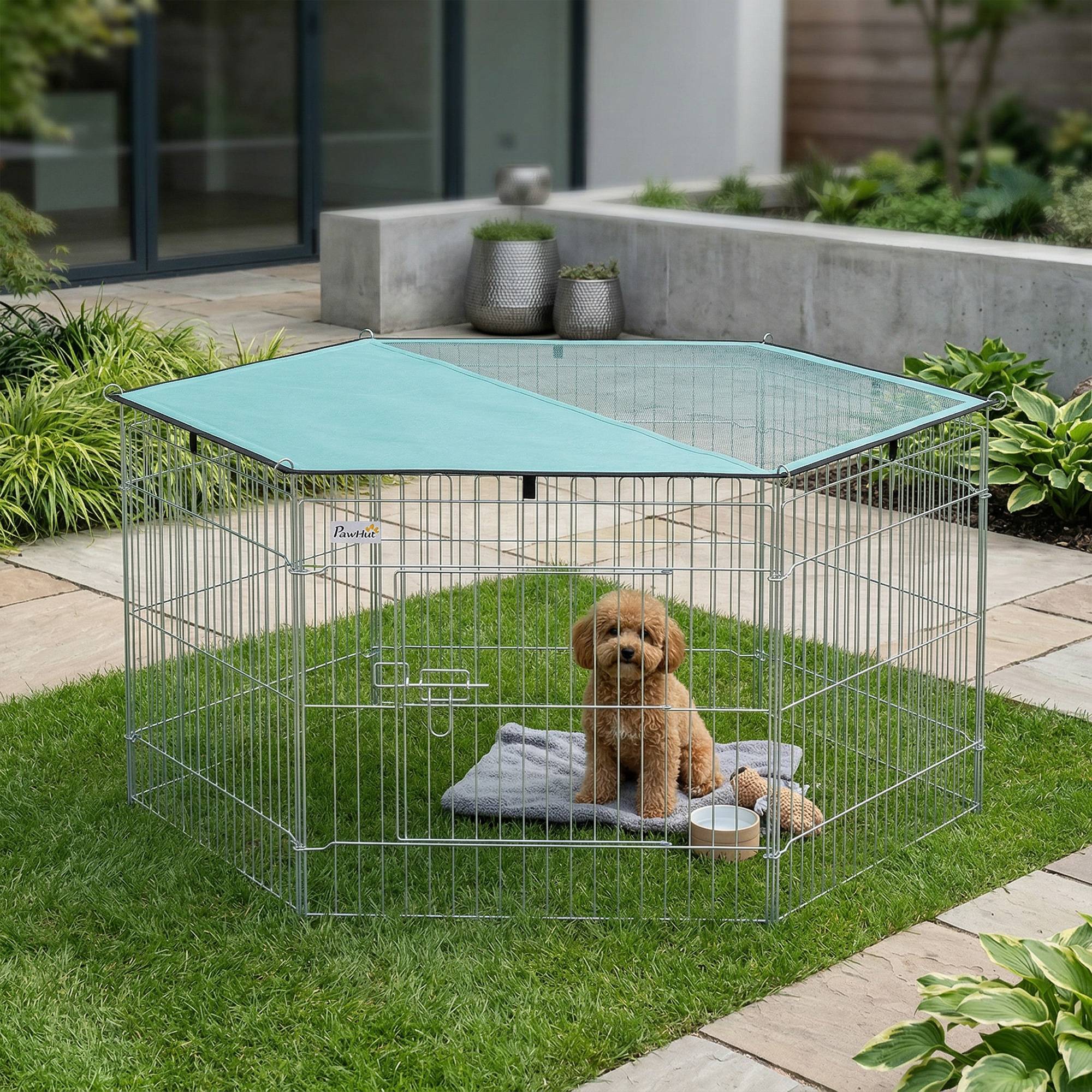 Parc enclos chien 6 panneaux avec toit, modulable et pliable, portable 60H cm avec porte, argent et vert - Image 4