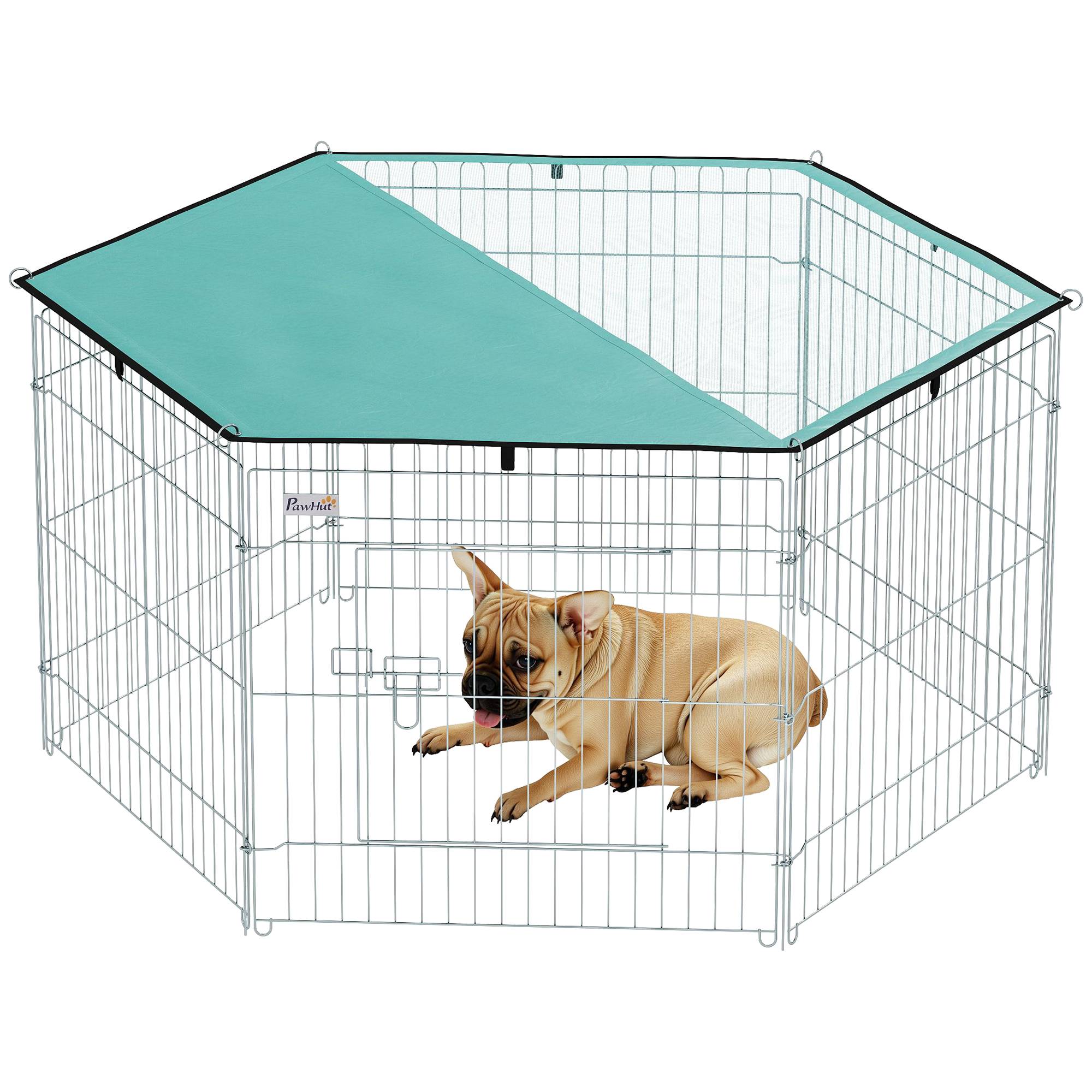 Parc enclos chien 6 panneaux avec toit, modulable et pliable, portable 60H cm avec porte, argent et vert - Image 1