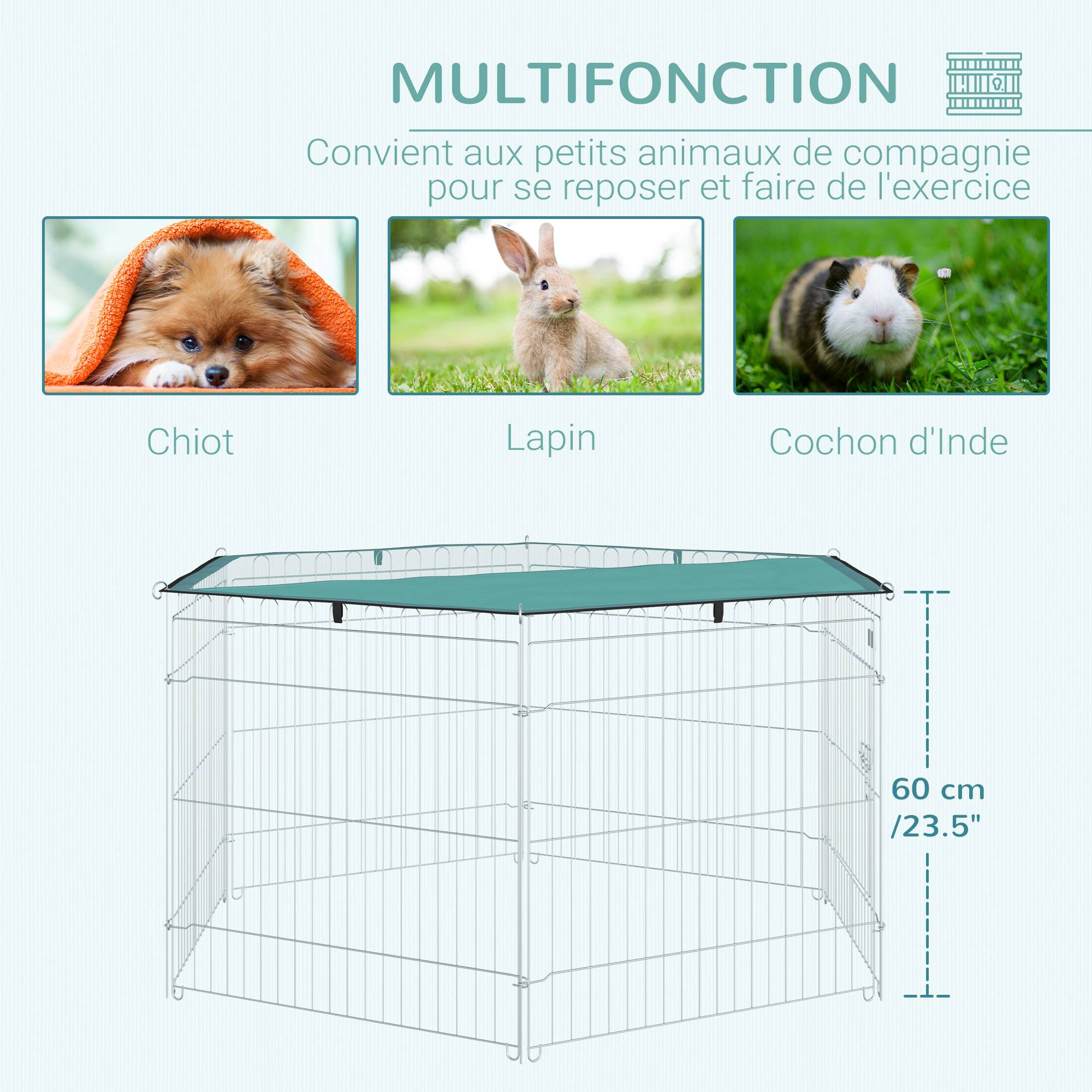 Parc enclos chien 6 panneaux avec toit, modulable et pliable, portable 60H cm avec porte, argent et vert - Image 9