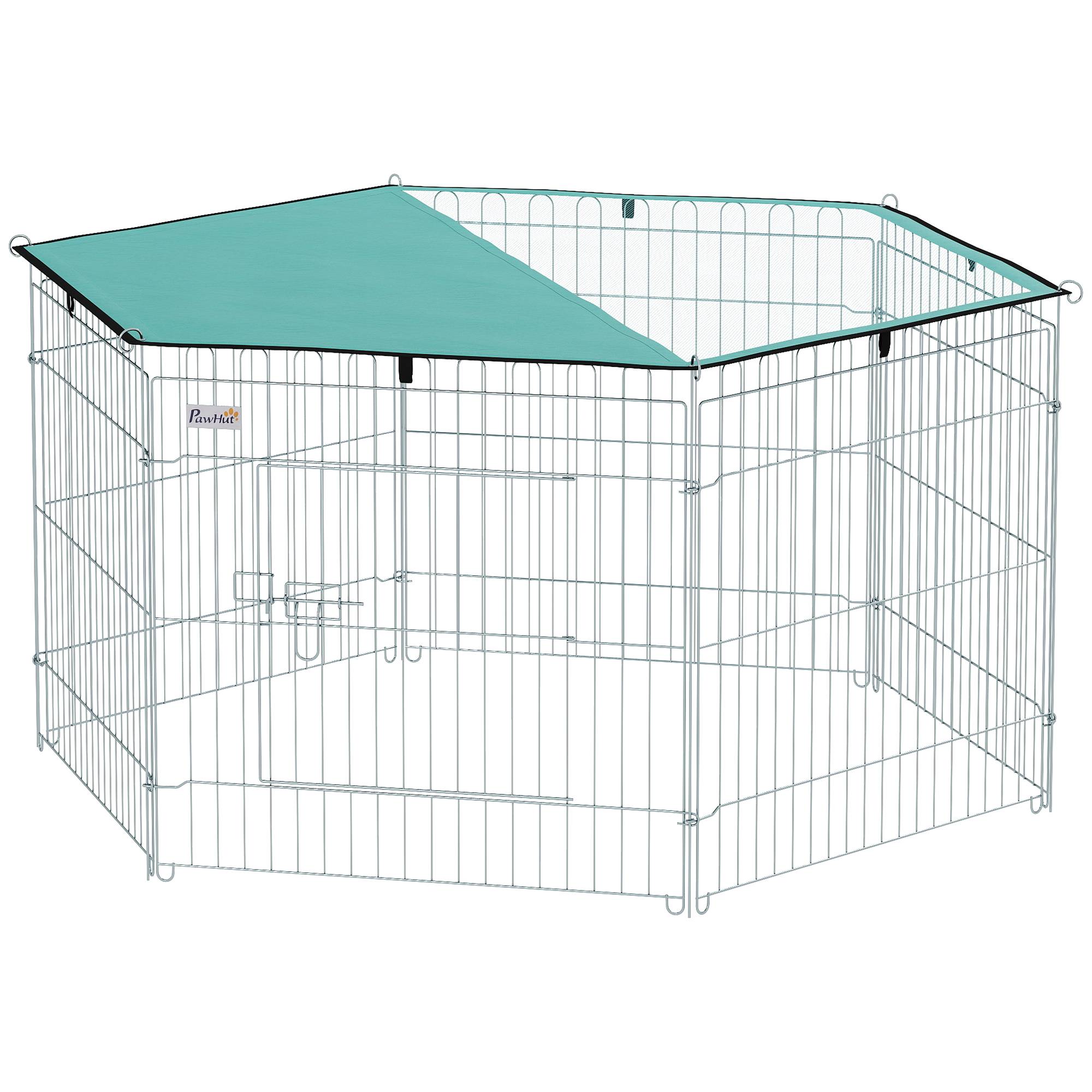 Parc enclos chien 6 panneaux avec toit, modulable et pliable, portable 60H cm avec porte, argent et vert - Image 2