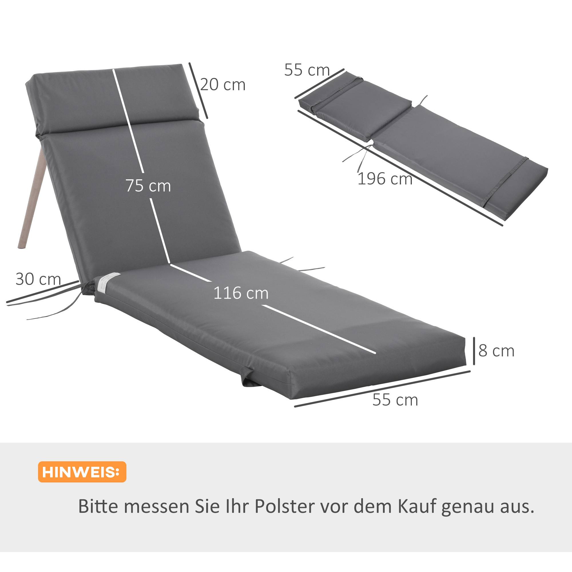 ComfortXL - Lot de 2 coussins bain de soleil polyester mousse 196 x 55 x 8 cm gris foncé pour transat jardin avec attaches - Image 3