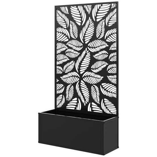 Jardinière surélevée avec panneau décoratif en métal à motif de feuilles et option de fixation murale 61 x 23 x 113 cm Noir - Image 2