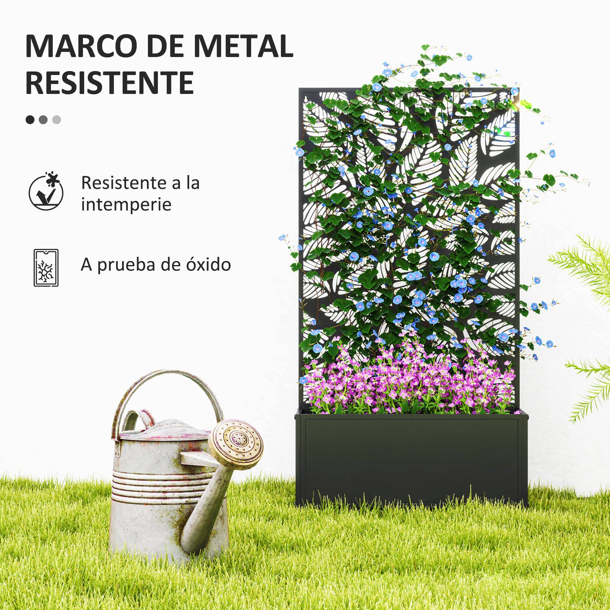 Jardinière surélevée avec panneau décoratif en métal à motif de feuilles et option de fixation murale 61 x 23 x 113 cm Noir - Image 8