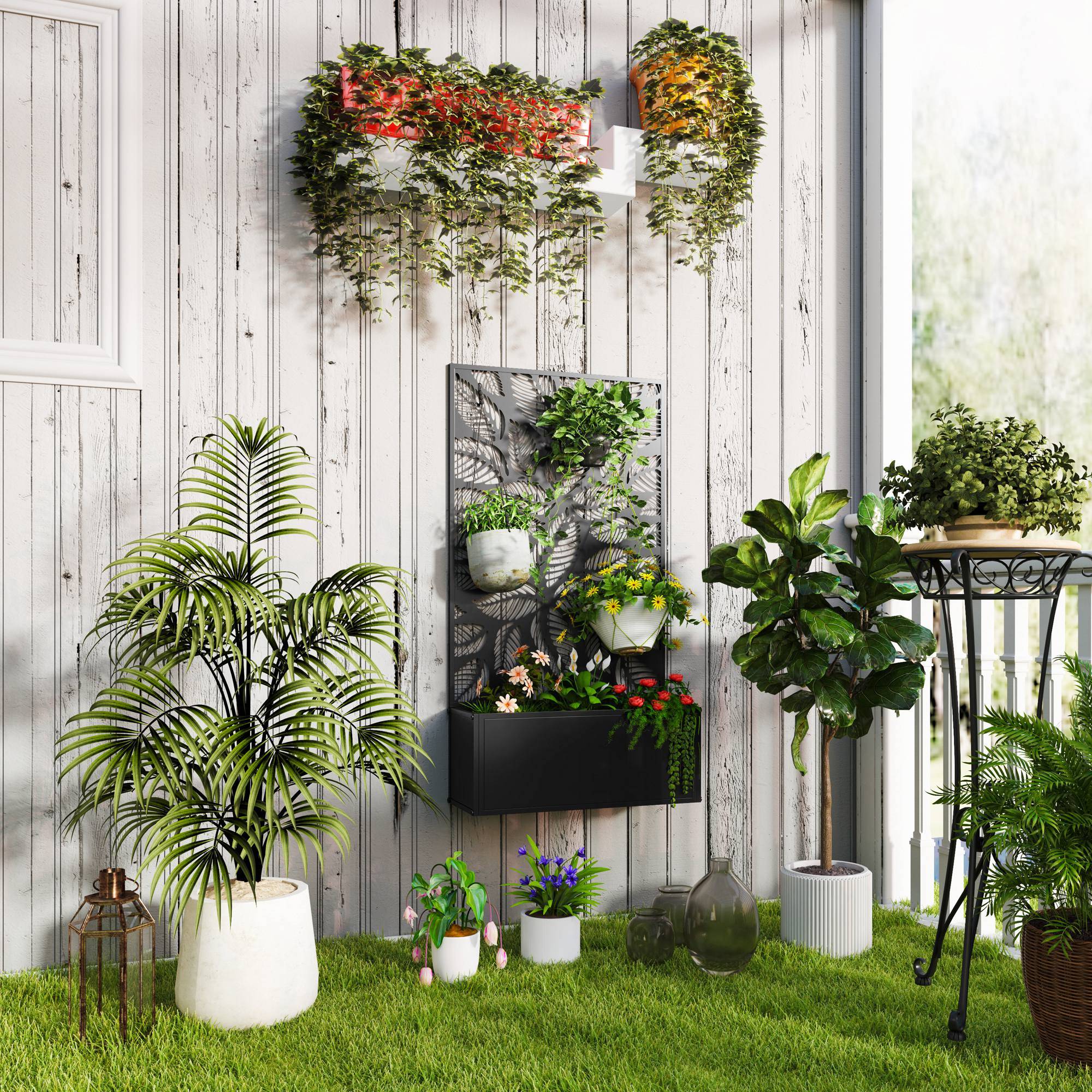 Jardinière surélevée avec panneau décoratif en métal à motif de feuilles et option de fixation murale 61 x 23 x 113 cm Noir - Image 3