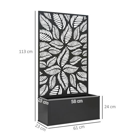 Jardinière surélevée avec panneau décoratif en métal à motif de feuilles et option de fixation murale 61 x 23 x 113 cm Noir - Image 5