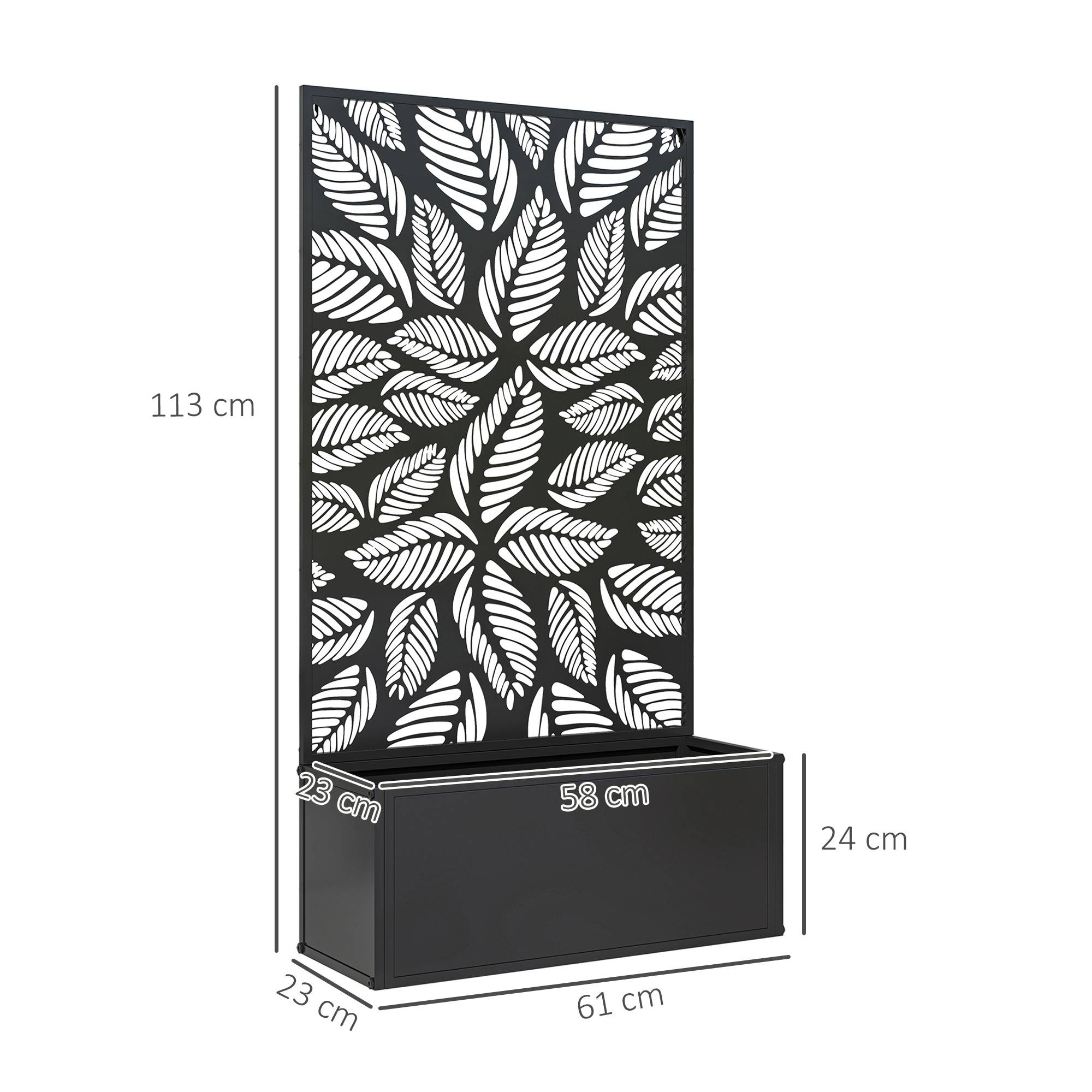 Jardinière surélevée avec panneau décoratif en métal à motif de feuilles et option de fixation murale 61 x 23 x 113 cm Noir - Image 5
