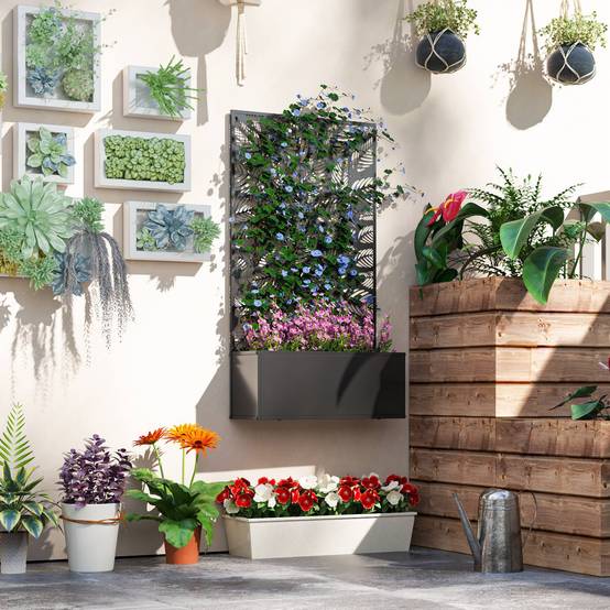 Jardinière surélevée avec panneau décoratif en métal à motif de feuilles et option de fixation murale 61 x 23 x 113 cm Noir - Image 4