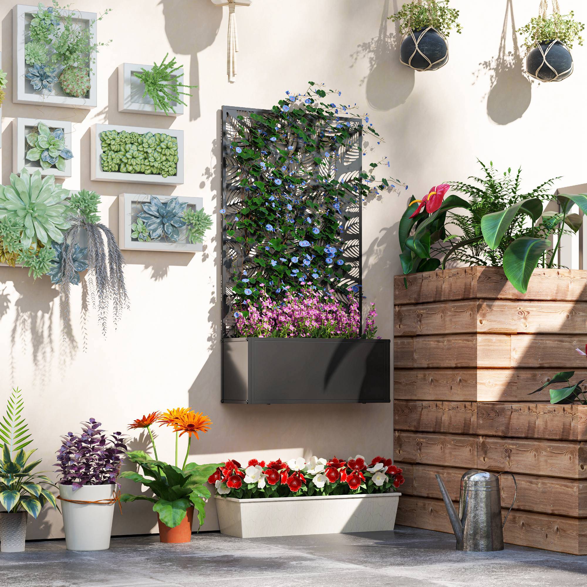 Jardinière surélevée avec panneau décoratif en métal à motif de feuilles et option de fixation murale 61 x 23 x 113 cm Noir - Image 4