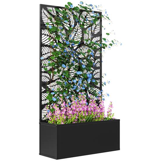 Jardinière surélevée avec panneau décoratif en métal à motif de feuilles et option de fixation murale 61 x 23 x 113 cm Noir - Image 1