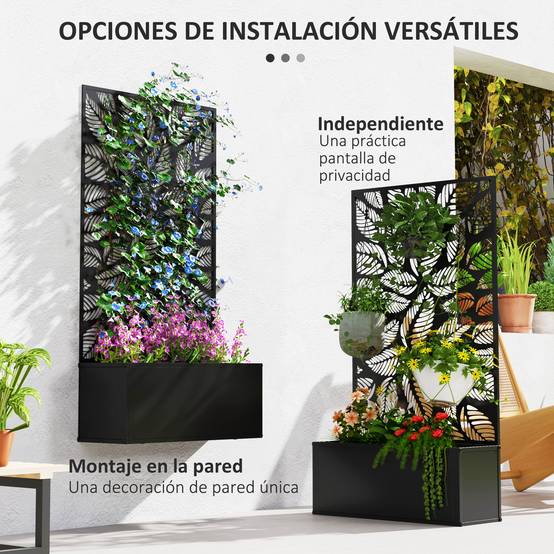 Jardinière surélevée avec panneau décoratif en métal à motif de feuilles et option de fixation murale 61 x 23 x 113 cm Noir - Image 7