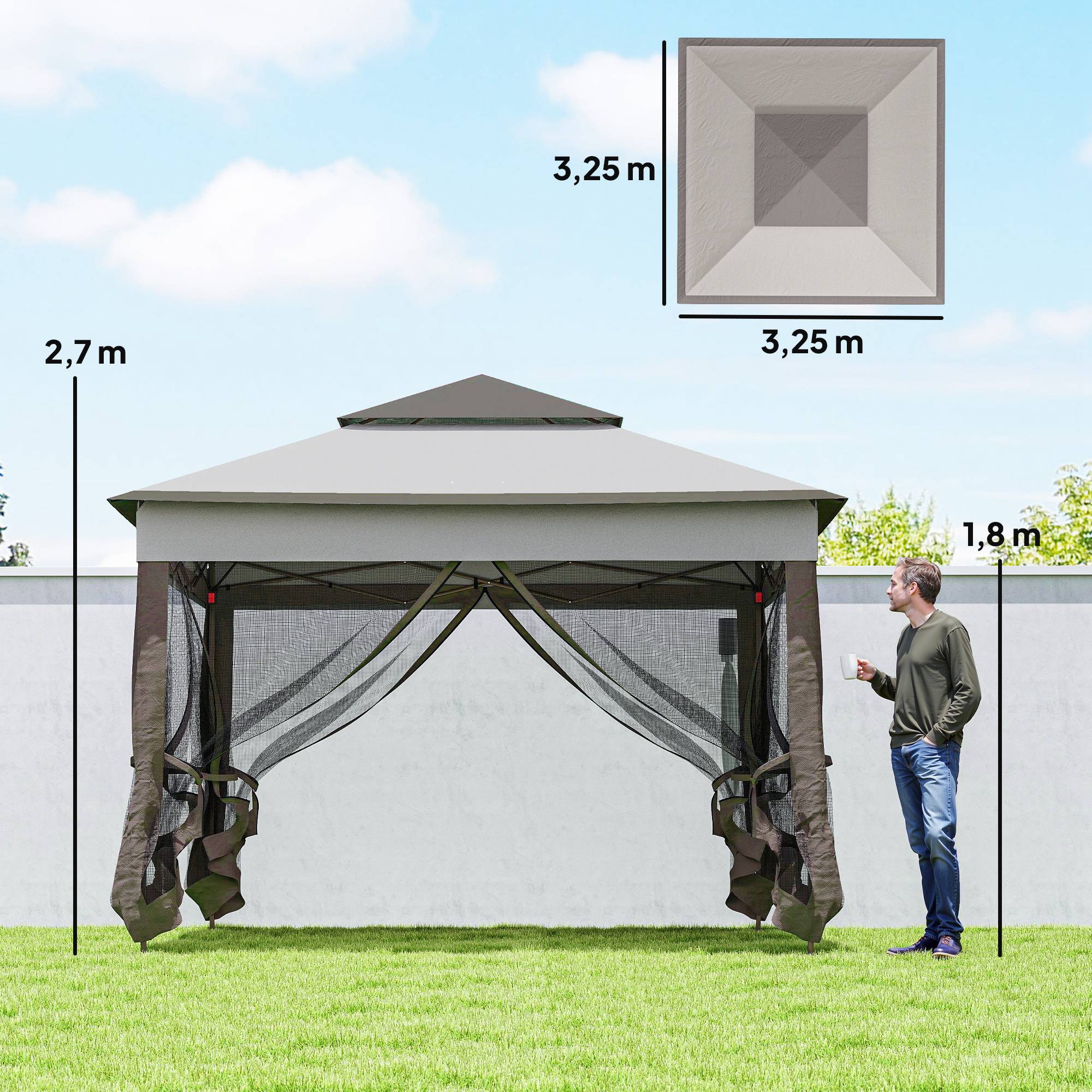 Tonnelle pliante en métal pour jardin abri anti-moustiques 3,25x3,25m Gris clair - ComfortXL Outdoor Living - Image 5
