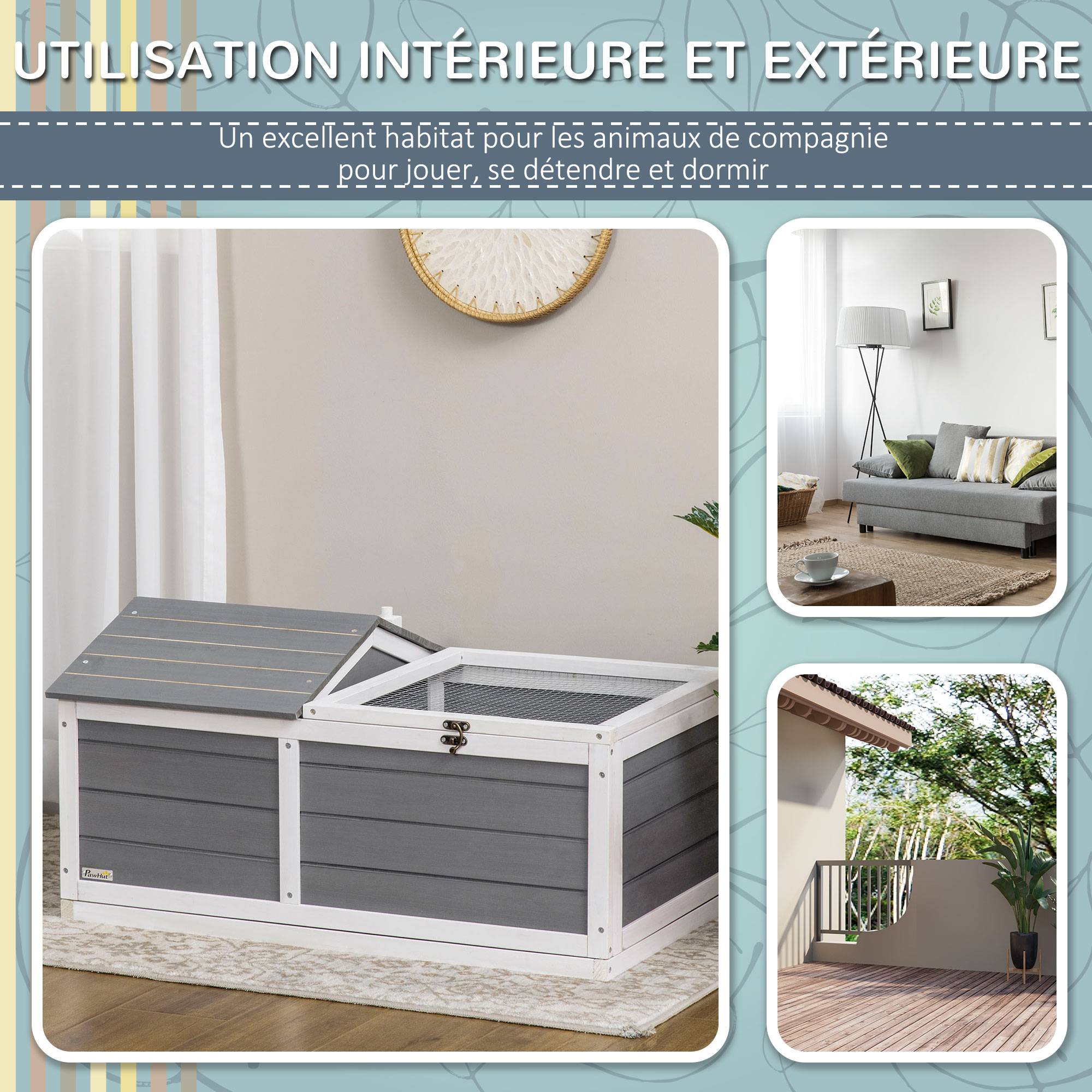 Maison enclos cage pour petit animal tortue avec 2 espaces 86 x 54 x 43 cm - bois de sapin - Image 9