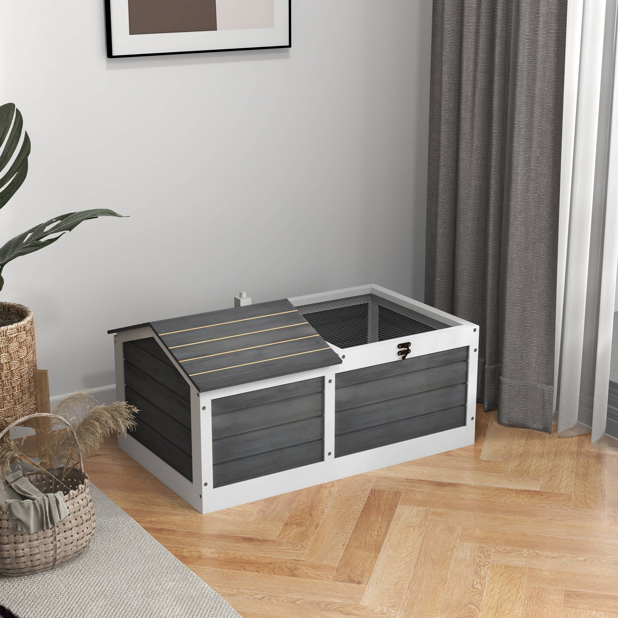 Maison enclos cage pour petit animal tortue avec 2 espaces 86 x 54 x 43 cm - bois de sapin - Image 4