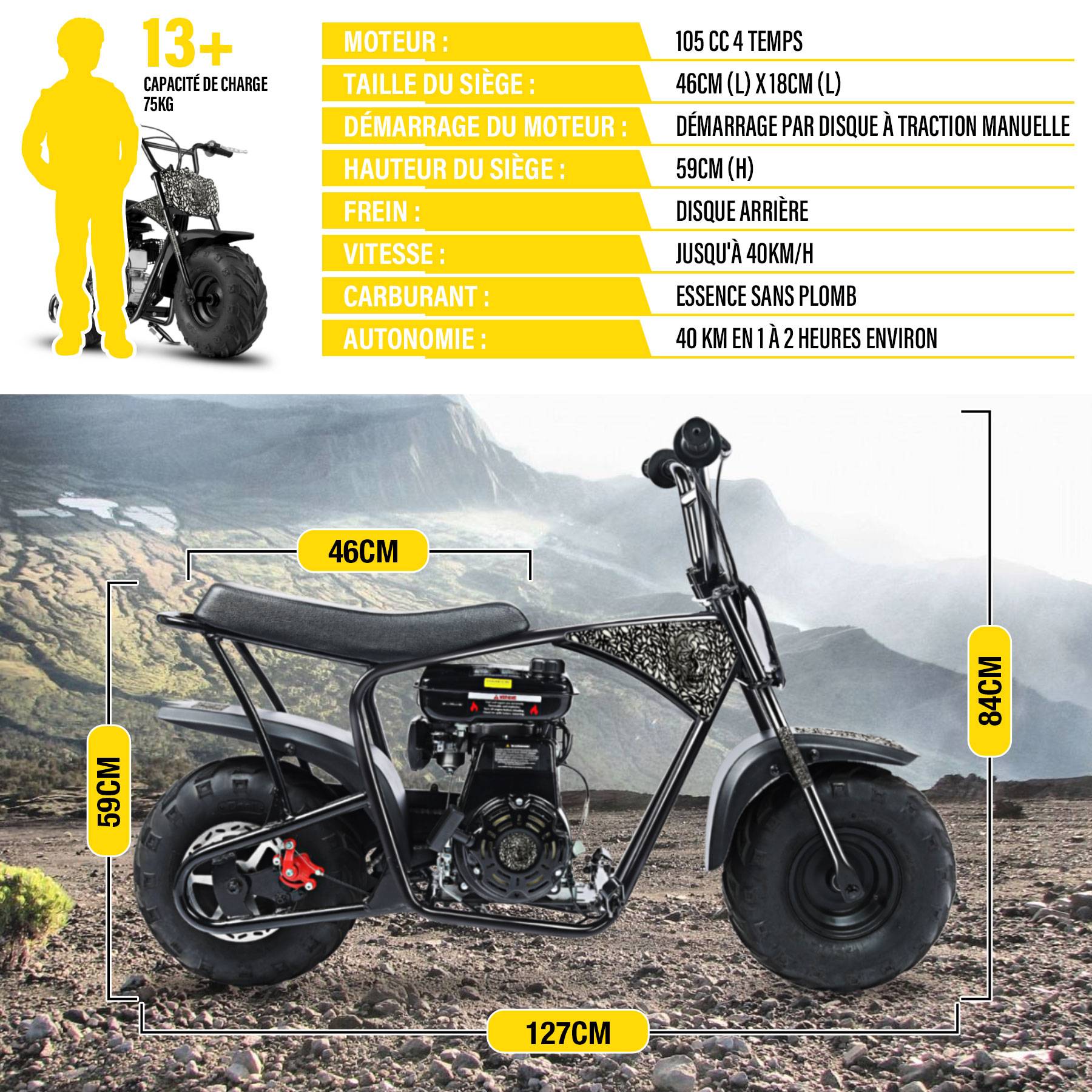 0 - Oryxearth Mini Moto Tout-Terrain 105CC 4 Temps pour Enfants - Essence - EPA - 45 km/h - 40 kg (Noir) - Image 6
