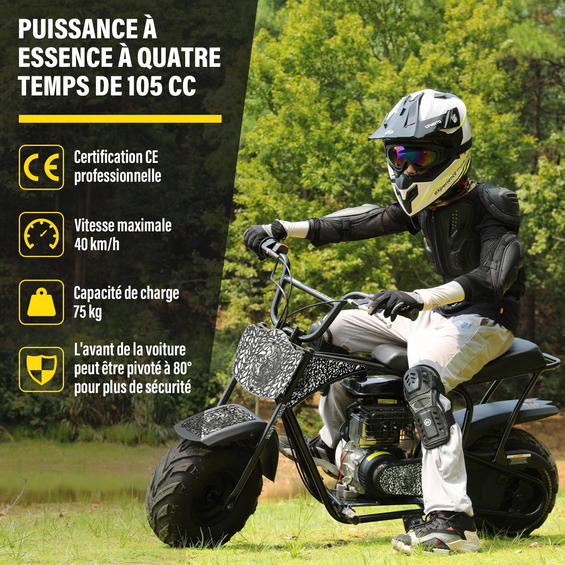 0 - Oryxearth Mini Moto Tout-Terrain 105CC 4 Temps pour Enfants - Essence - EPA - 45 km/h - 40 kg (Noir) - Image 2